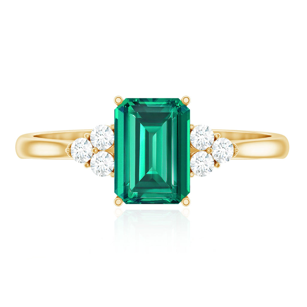 Certified 6X8 mm Lab Grown Emerald Cut Emerald Engagement Ring with Diamond Trio