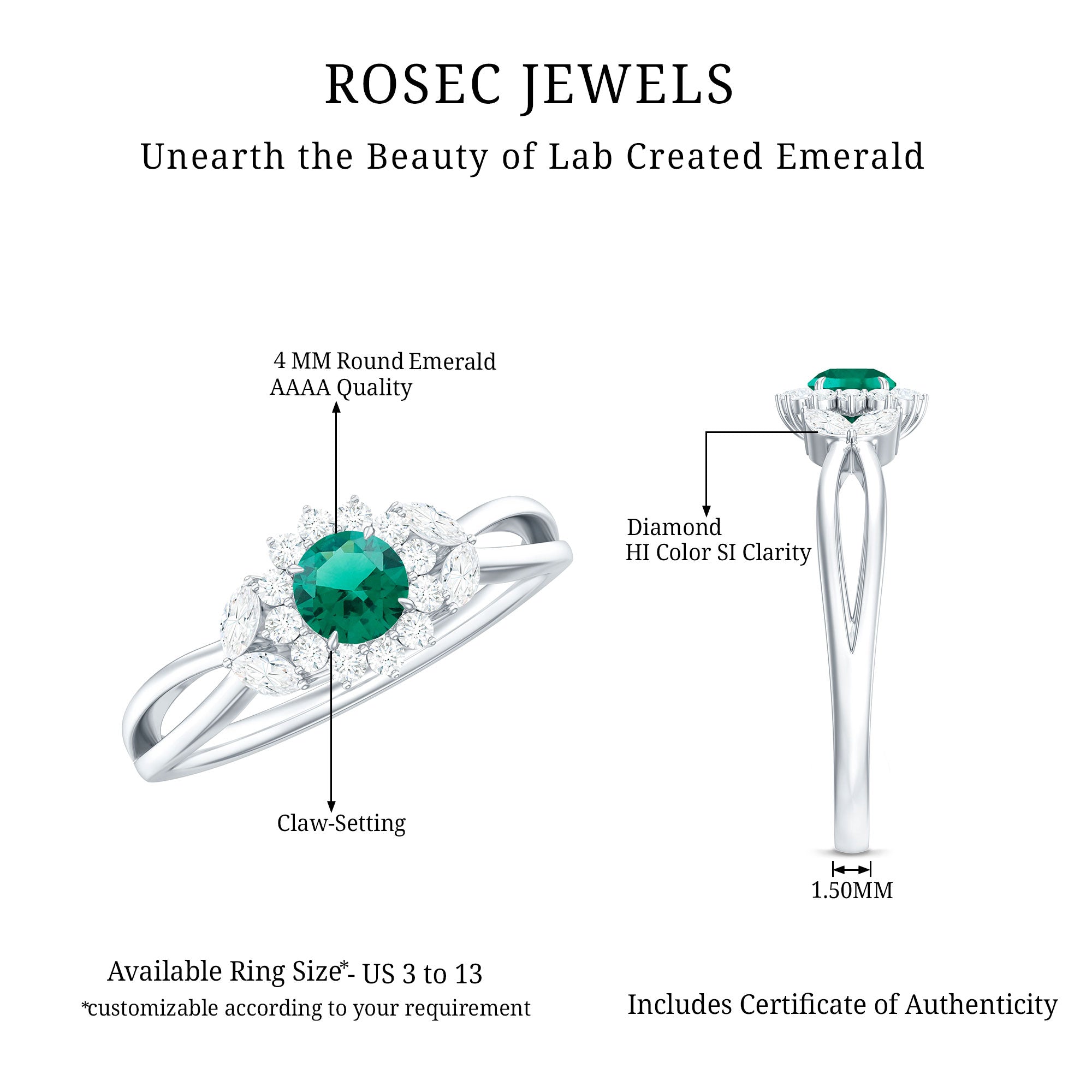 Certified Lab Grown Emerald Diamond Flower Engagement Ring with Split Shank