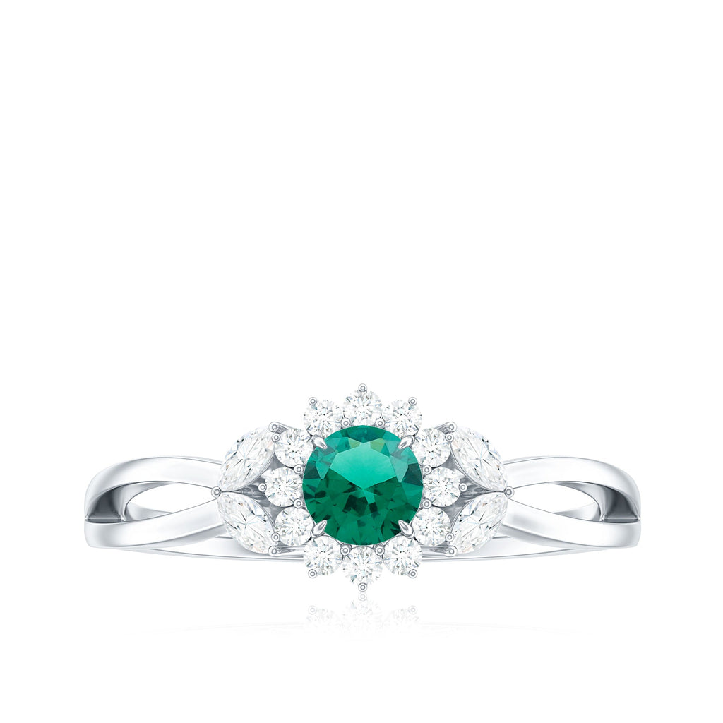 Certified Lab Grown Emerald Diamond Flower Engagement Ring with Split Shank