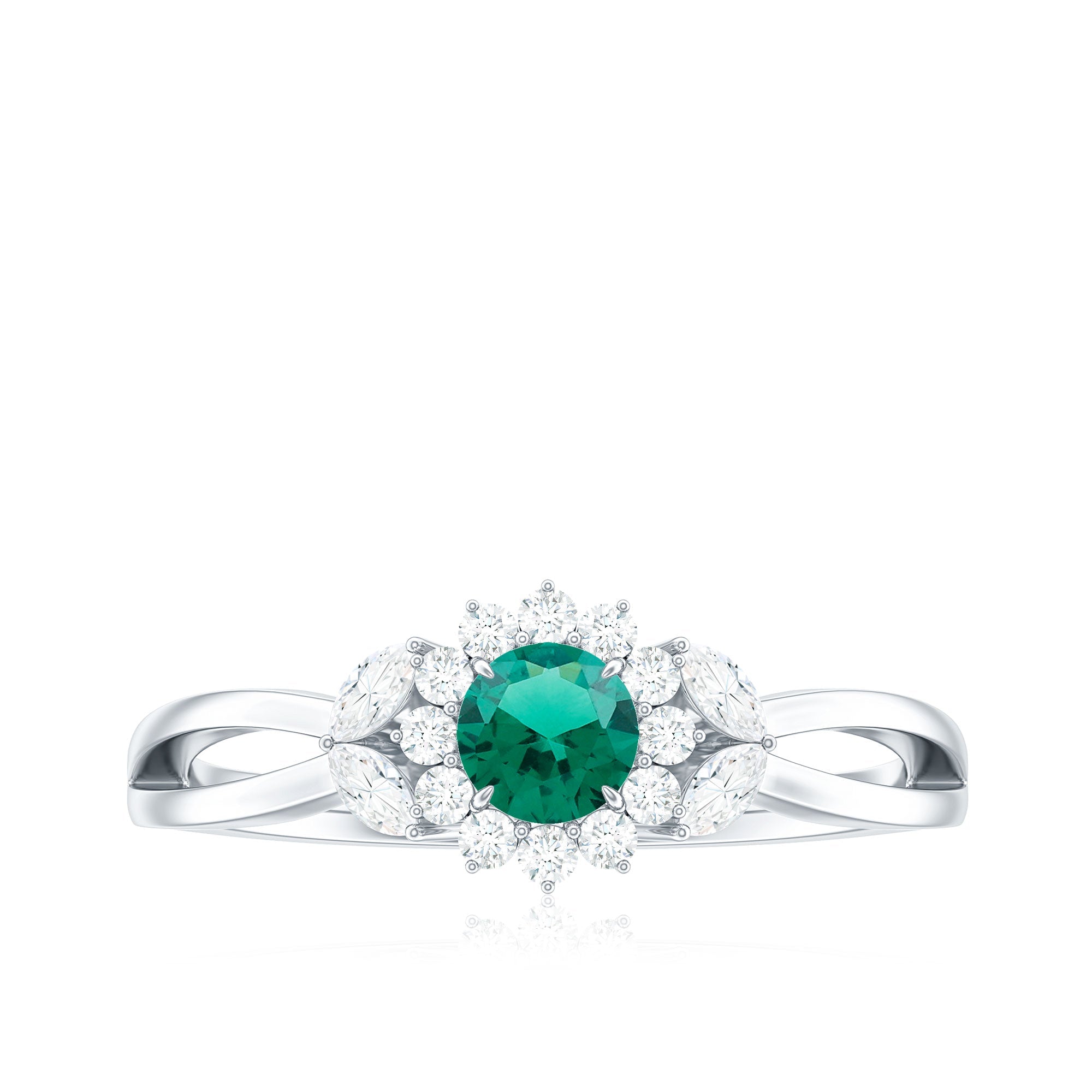 Certified Lab Grown Emerald Diamond Flower Engagement Ring with Split Shank