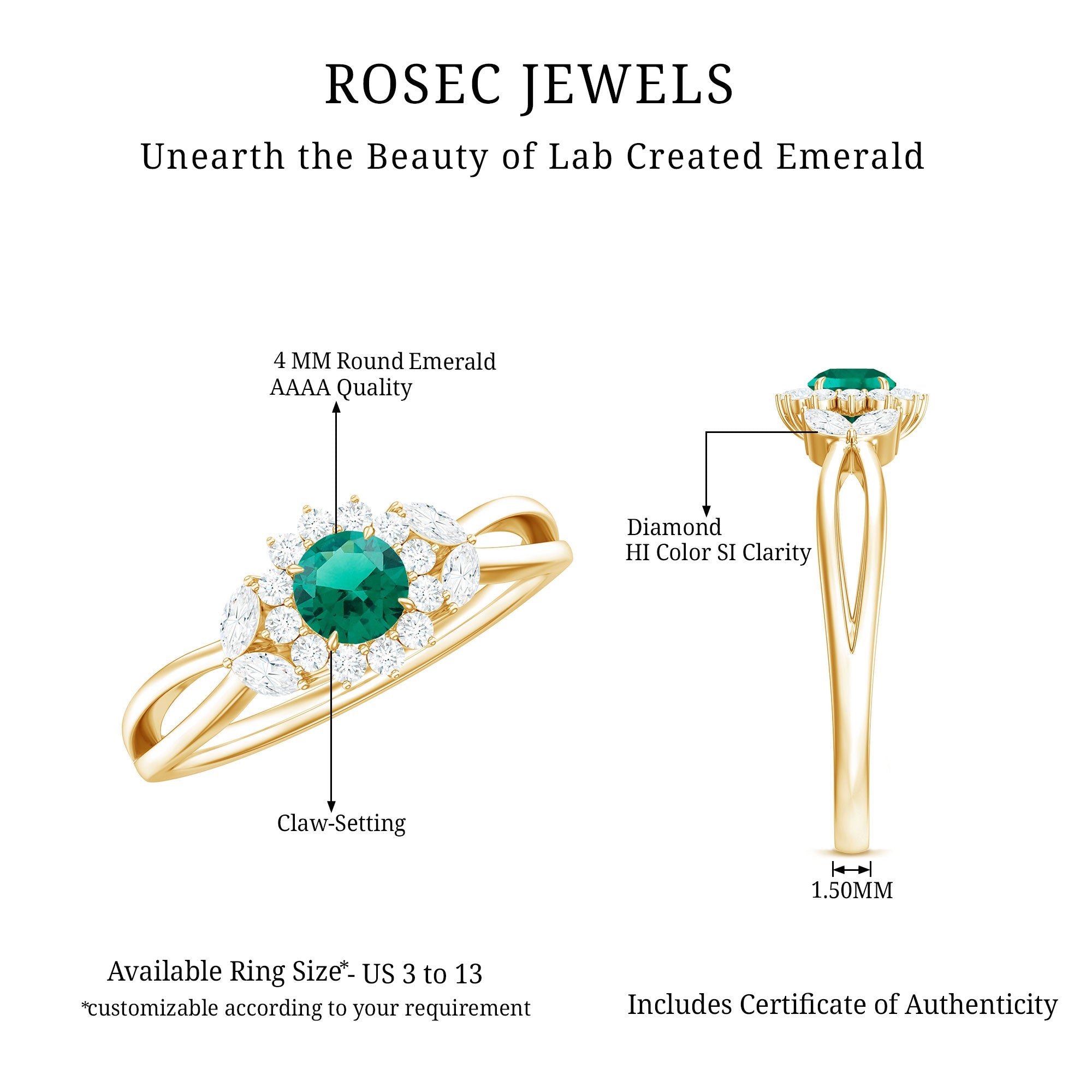 Certified Lab Grown Emerald Diamond Flower Engagement Ring with Split Shank