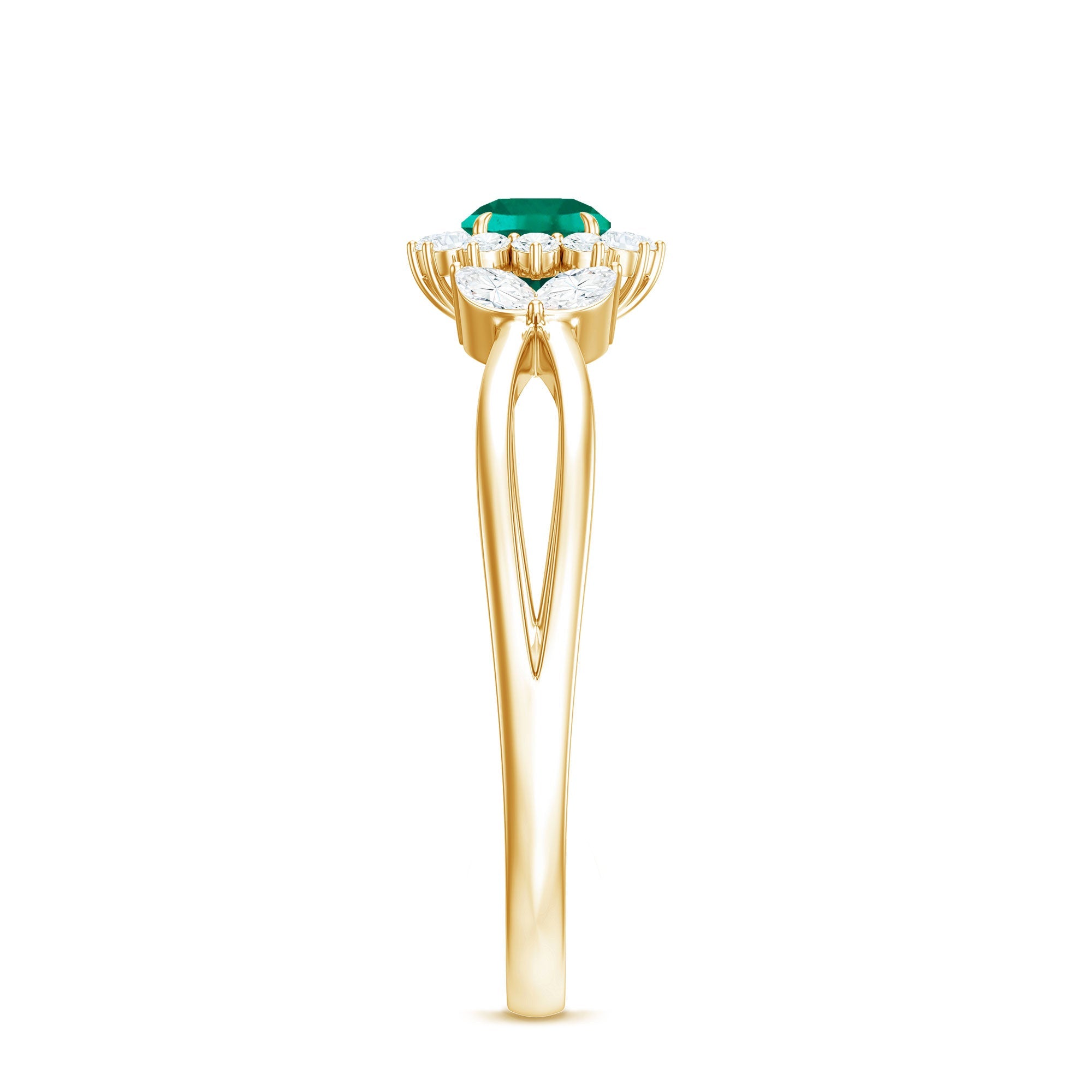 Certified Lab Grown Emerald Diamond Flower Engagement Ring with Split Shank