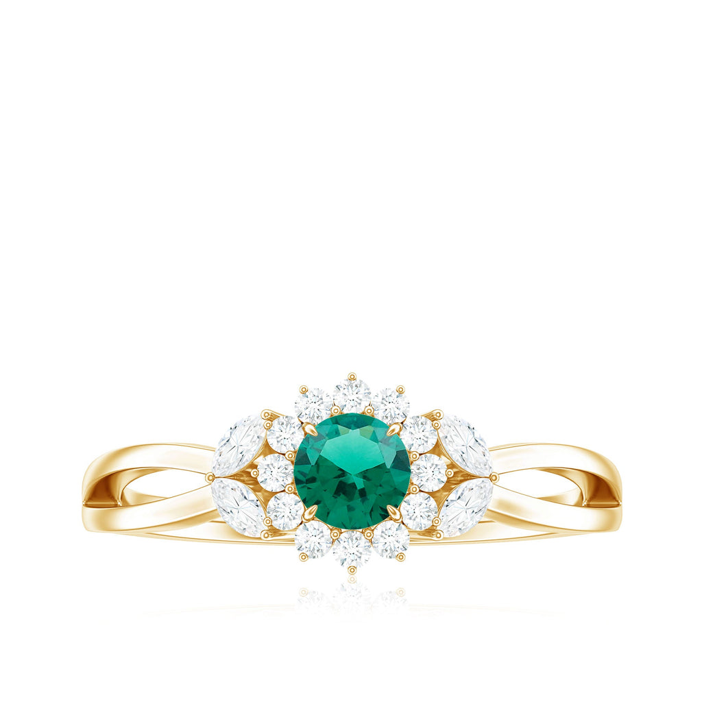 Certified Lab Grown Emerald Diamond Flower Engagement Ring with Split Shank