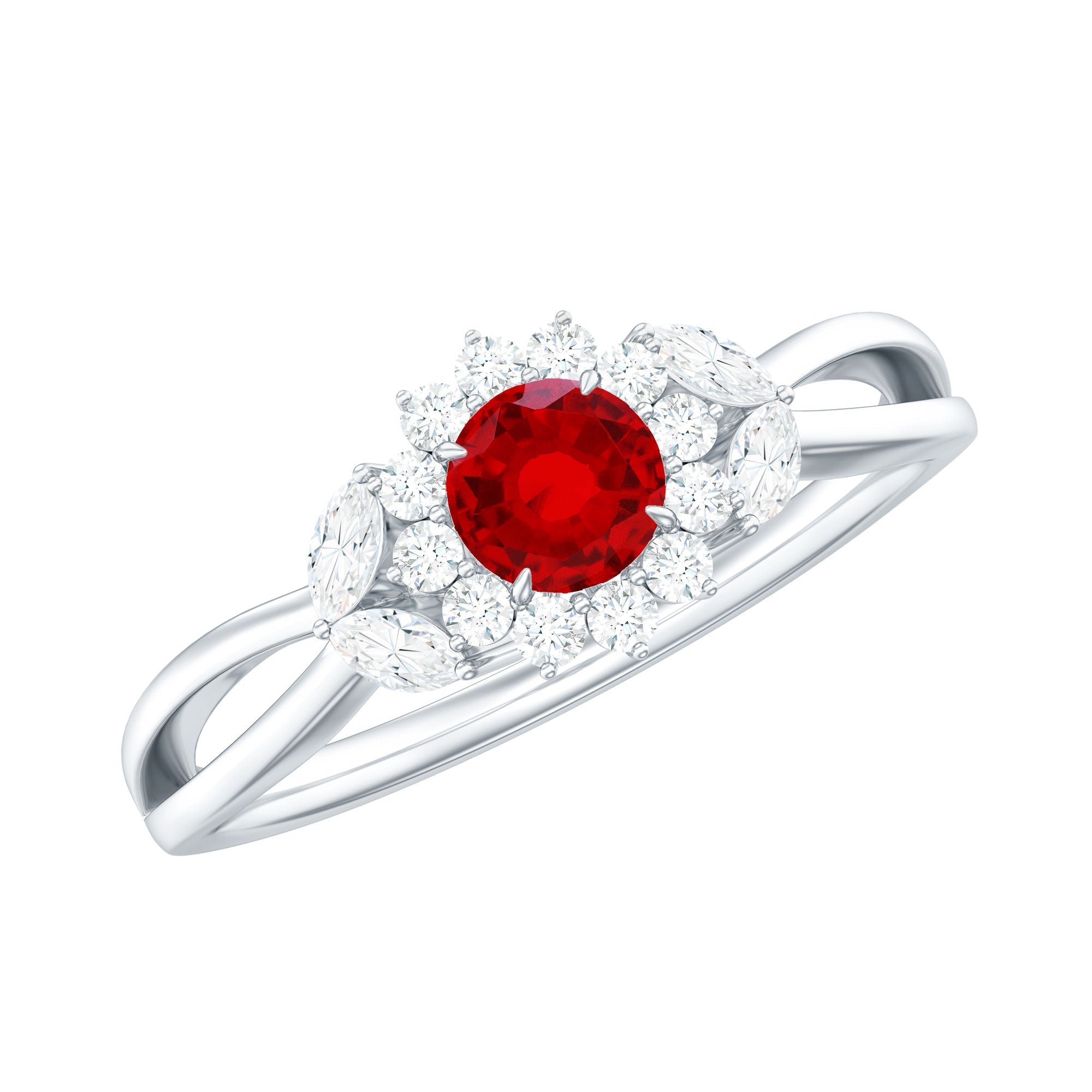 Created Ruby and Moissanite Flower Engagement Ring in Split Shank