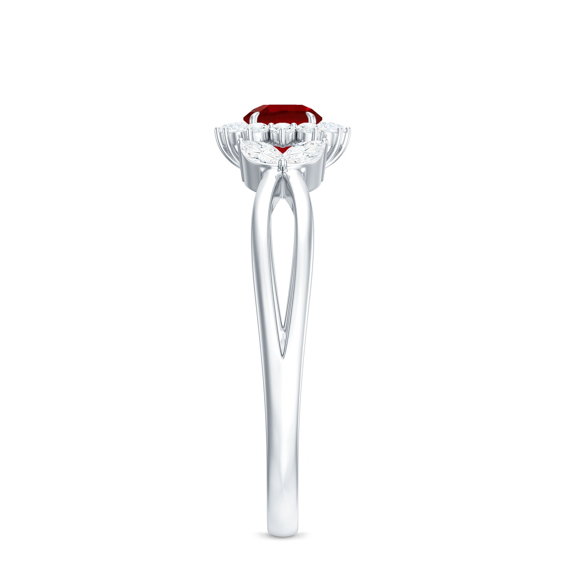 Created Ruby and Moissanite Flower Engagement Ring in Split Shank