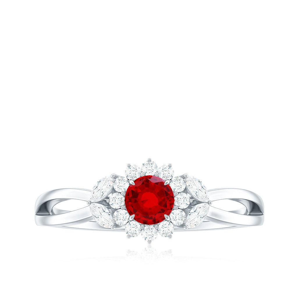 Created Ruby and Moissanite Flower Engagement Ring in Split Shank