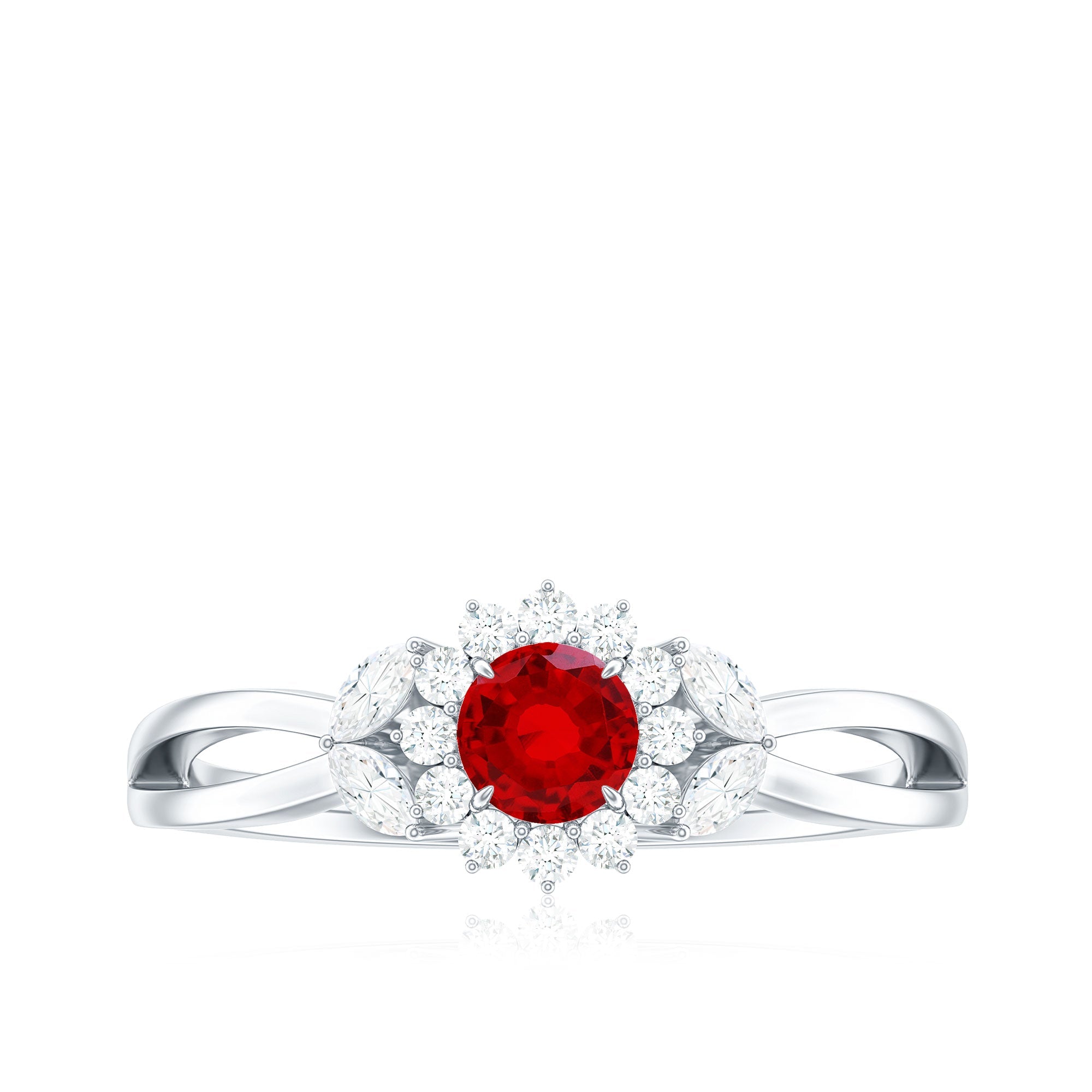 Created Ruby and Moissanite Flower Engagement Ring in Split Shank