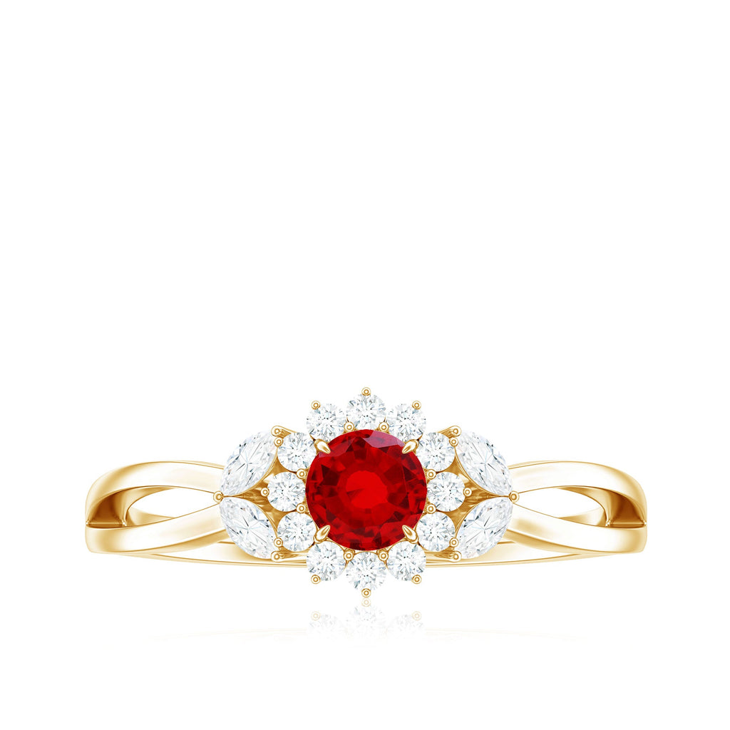 Created Ruby and Moissanite Flower Engagement Ring in Split Shank