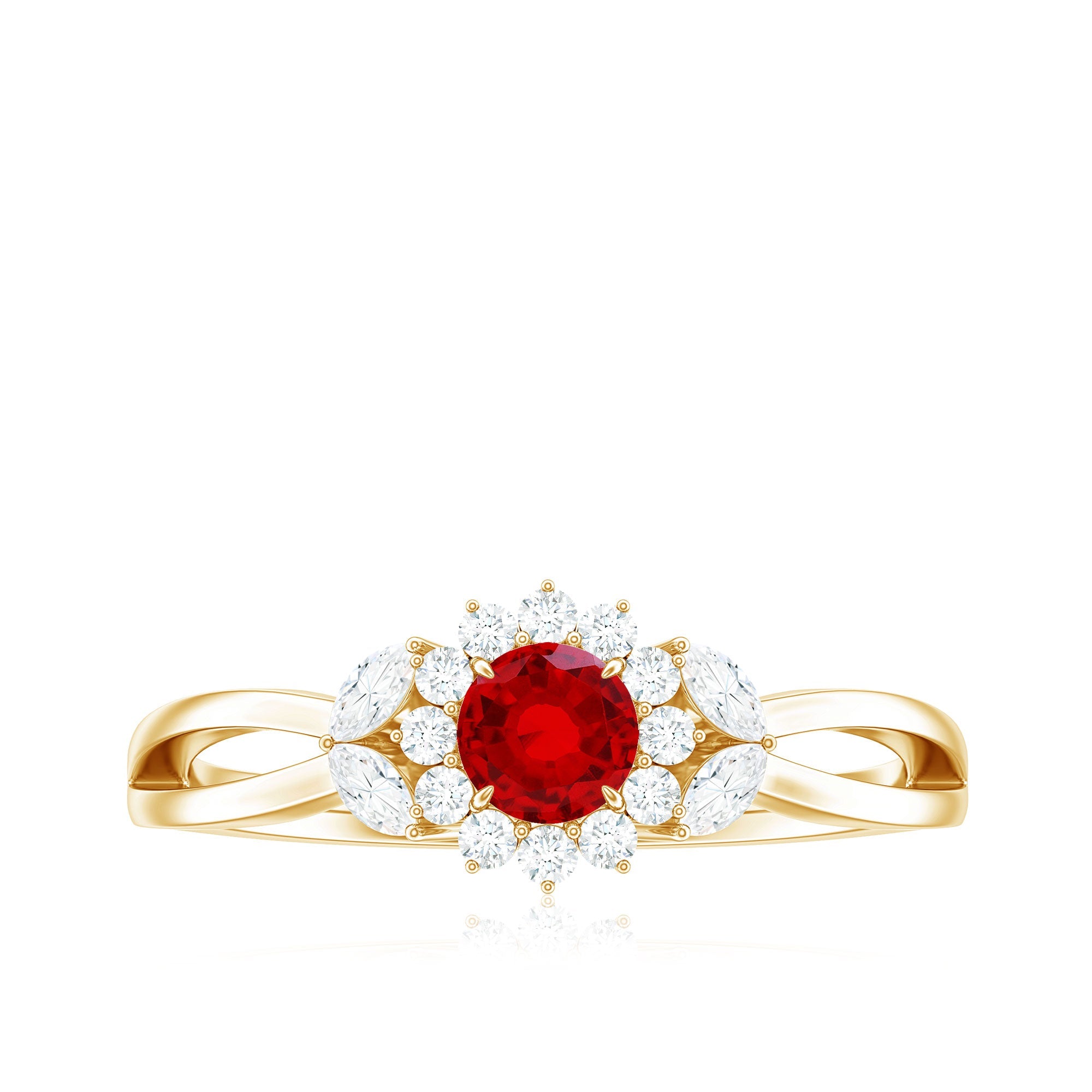 Created Ruby and Moissanite Flower Engagement Ring in Split Shank