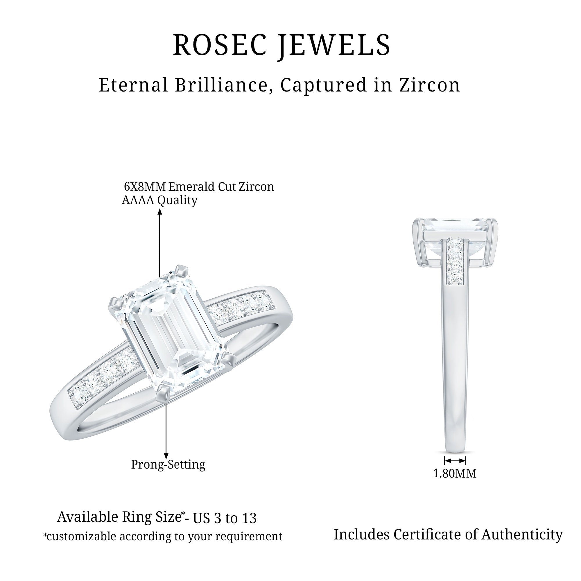 Octagon Cut Cubic Zirconia Solitaire Engagement Ring in Gold