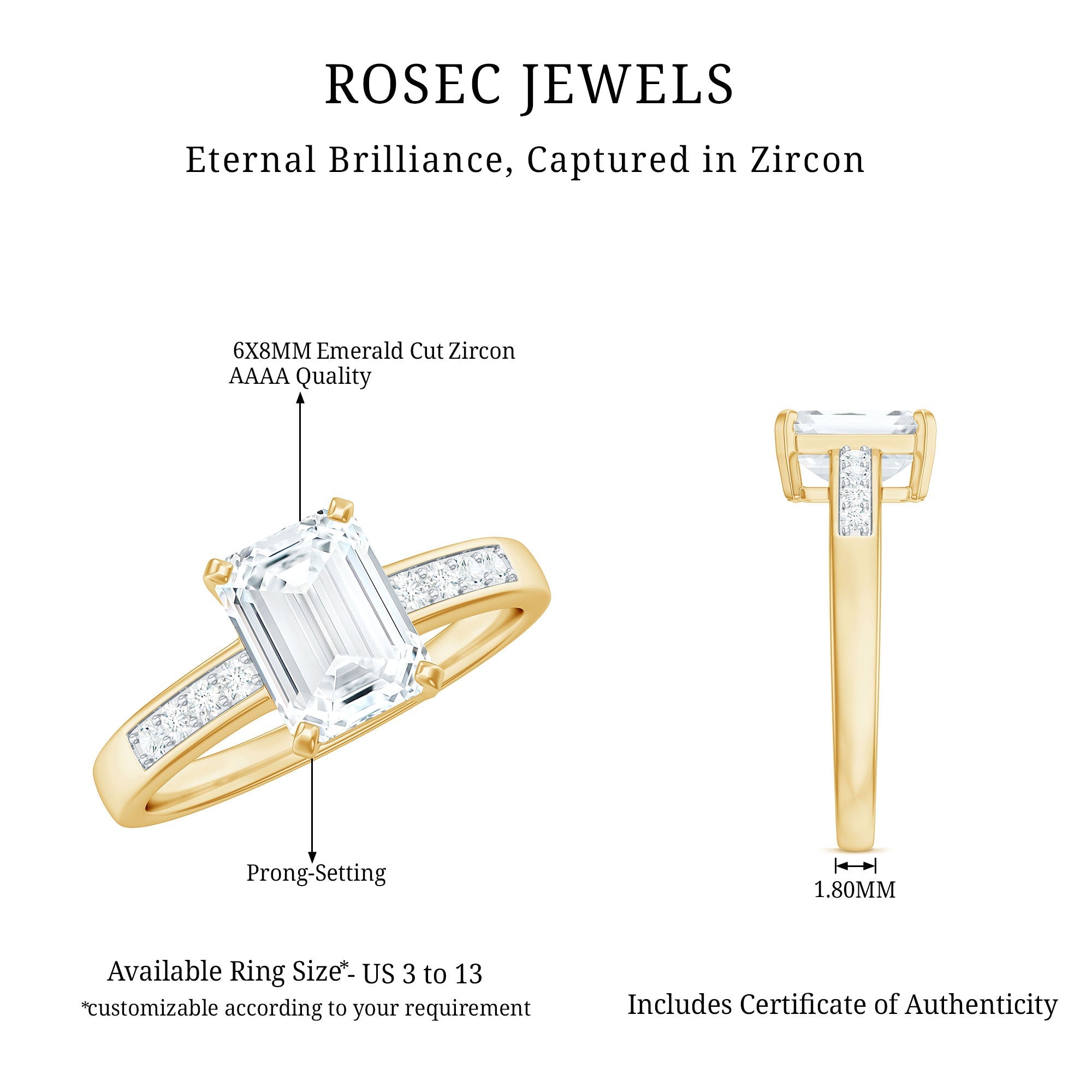 Octagon Cut Cubic Zirconia Solitaire Engagement Ring in Gold