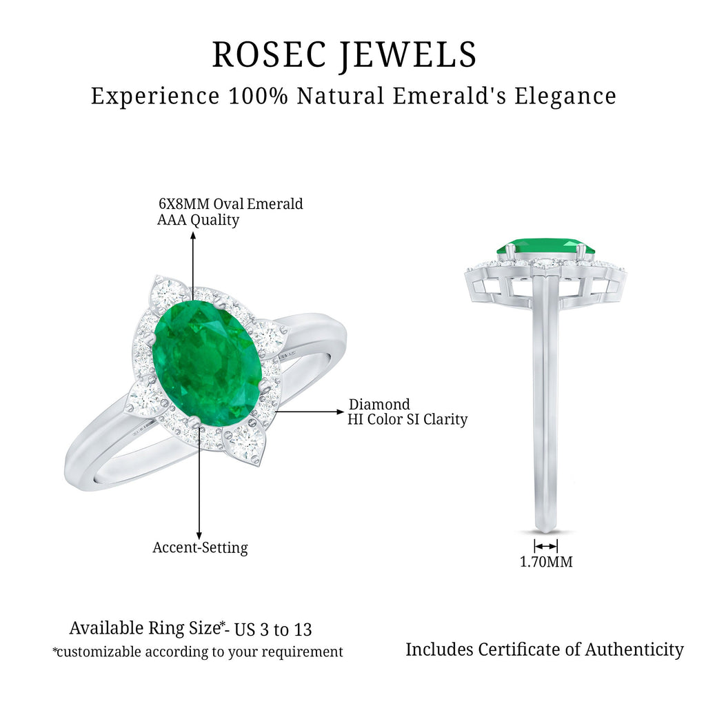 Vintage Looking Emerald Oval Engagement Ring with Diamond Halo