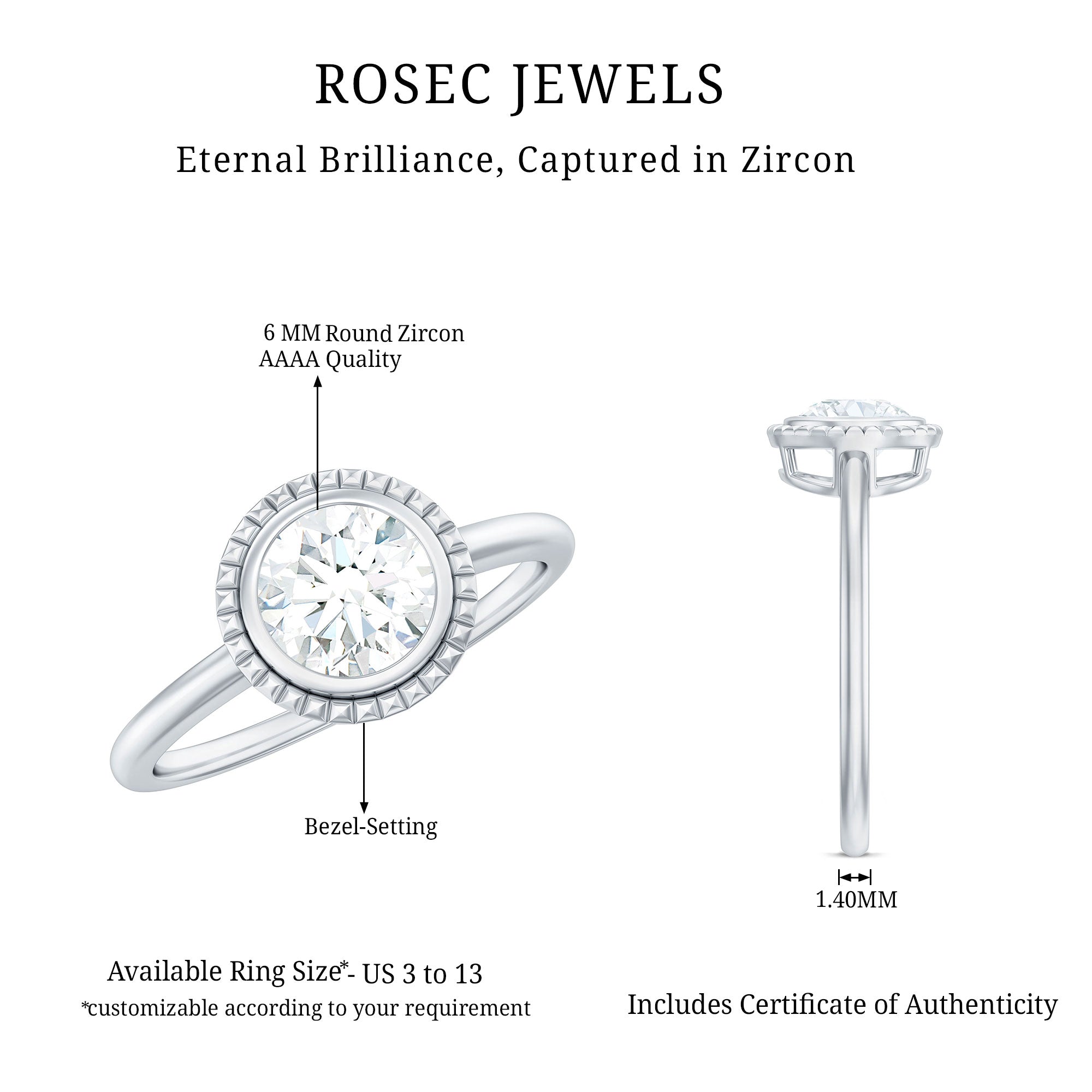1 CT Round Cut Cubic Zirconia Solitaire Promise Ring in Bezel Setting