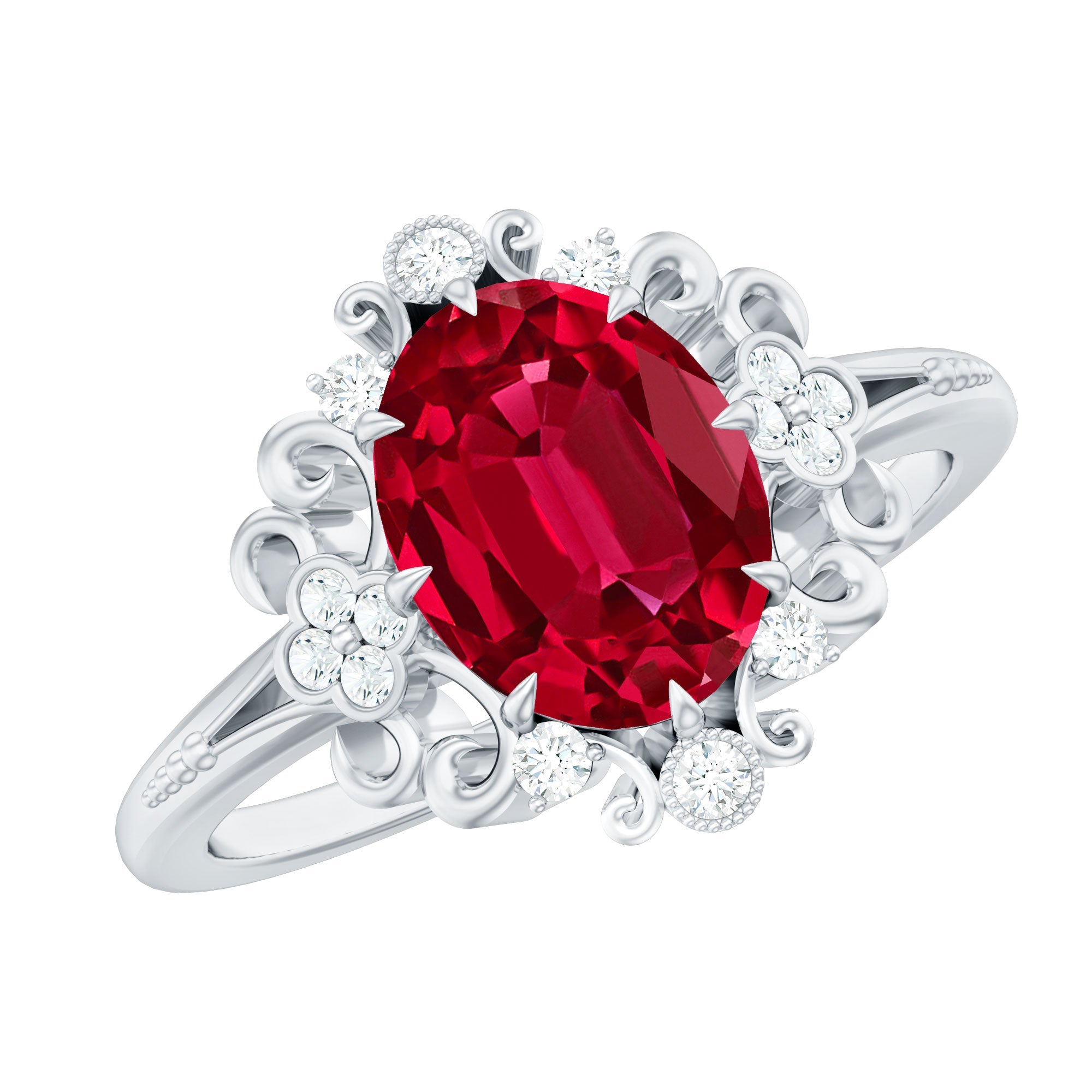 Vintage Inspired Lab Created Ruby and Diamond Engagement Ring