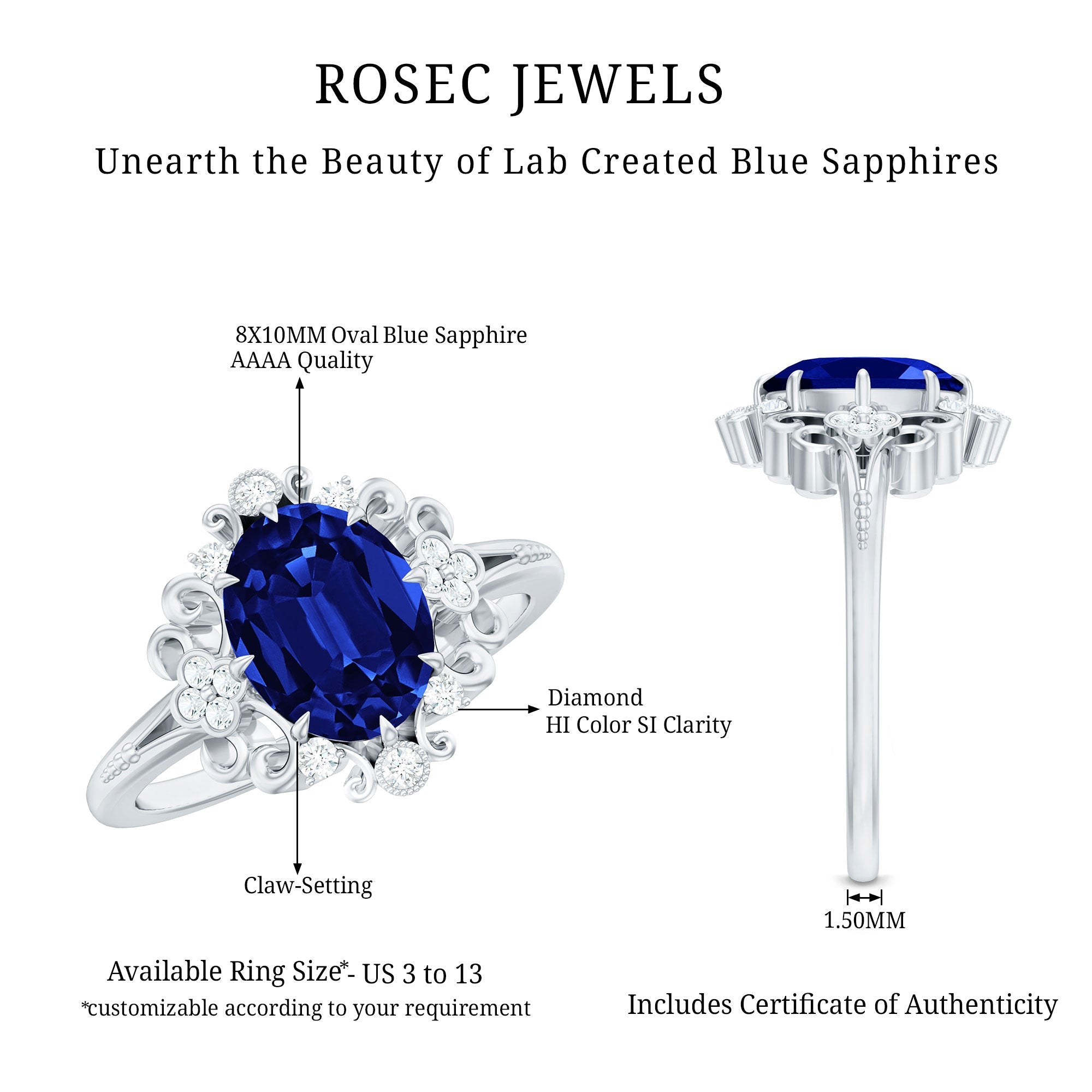 Vintage Inspired Created Blue Sapphire Engagement Ring with Diamond