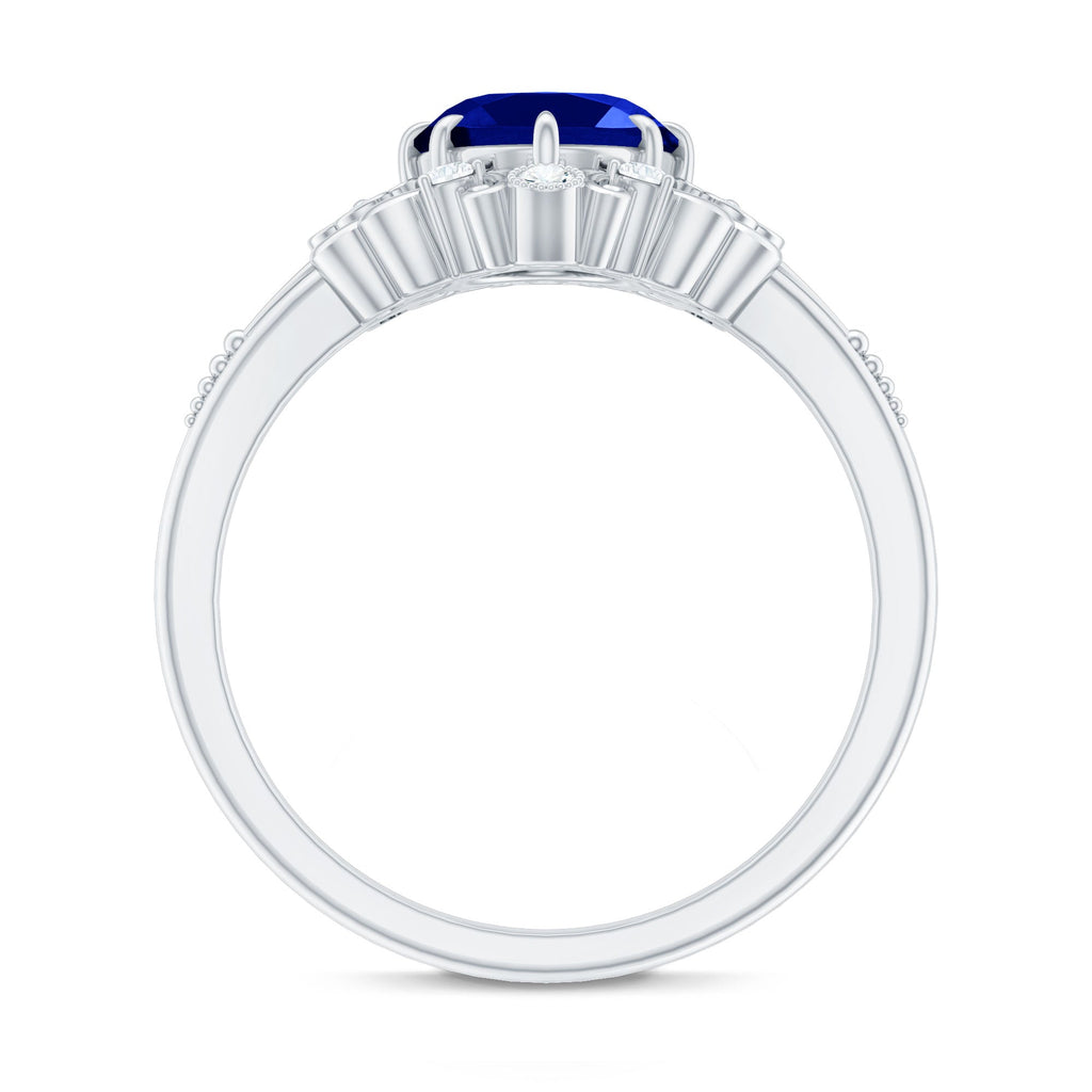 Vintage Inspired Created Blue Sapphire Engagement Ring with Diamond