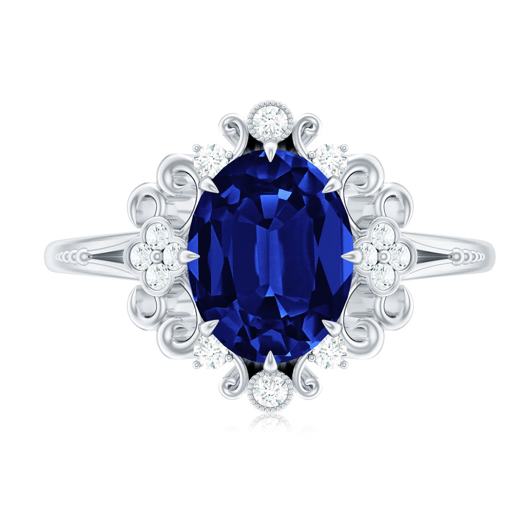 Vintage Inspired Created Blue Sapphire Engagement Ring with Diamond