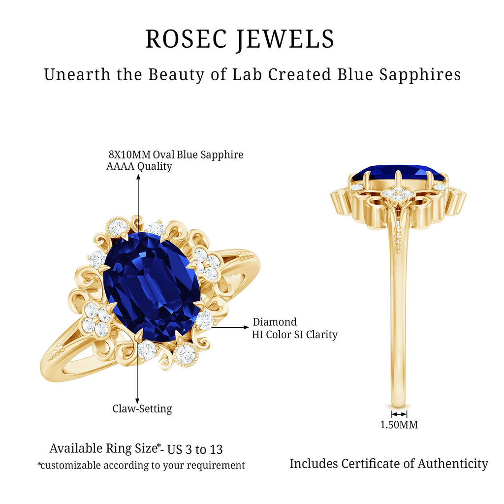 Vintage Inspired Created Blue Sapphire Engagement Ring with Diamond