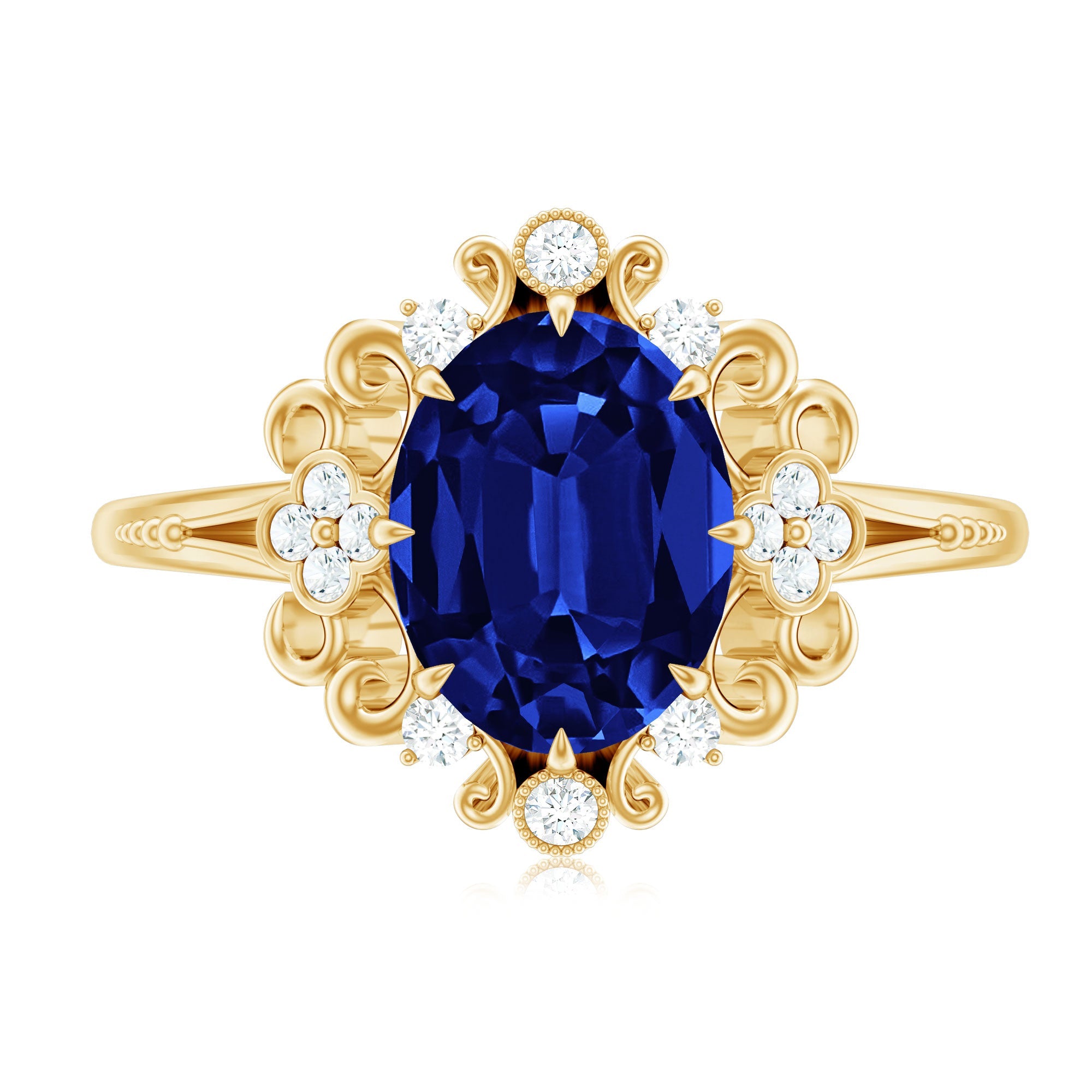 Vintage Inspired Created Blue Sapphire Engagement Ring with Diamond
