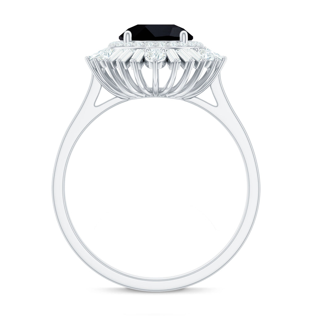 7mm Round Black Onyx Double Halo Cocktail Ring with Moissanite