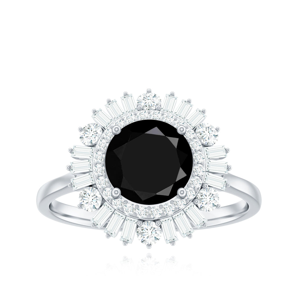 7mm Round Black Onyx Double Halo Cocktail Ring with Moissanite