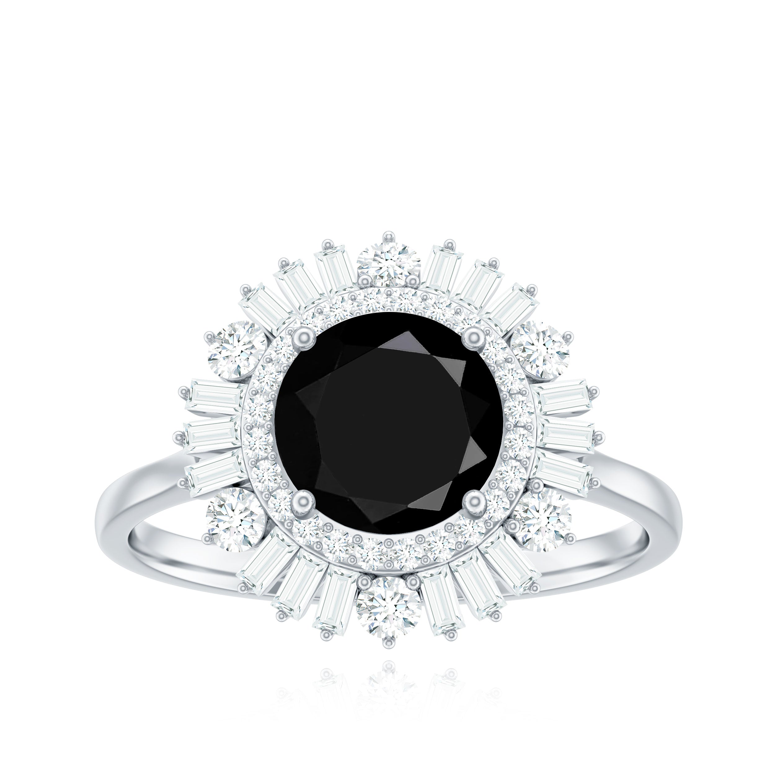 7mm Round Black Onyx Double Halo Cocktail Ring with Moissanite
