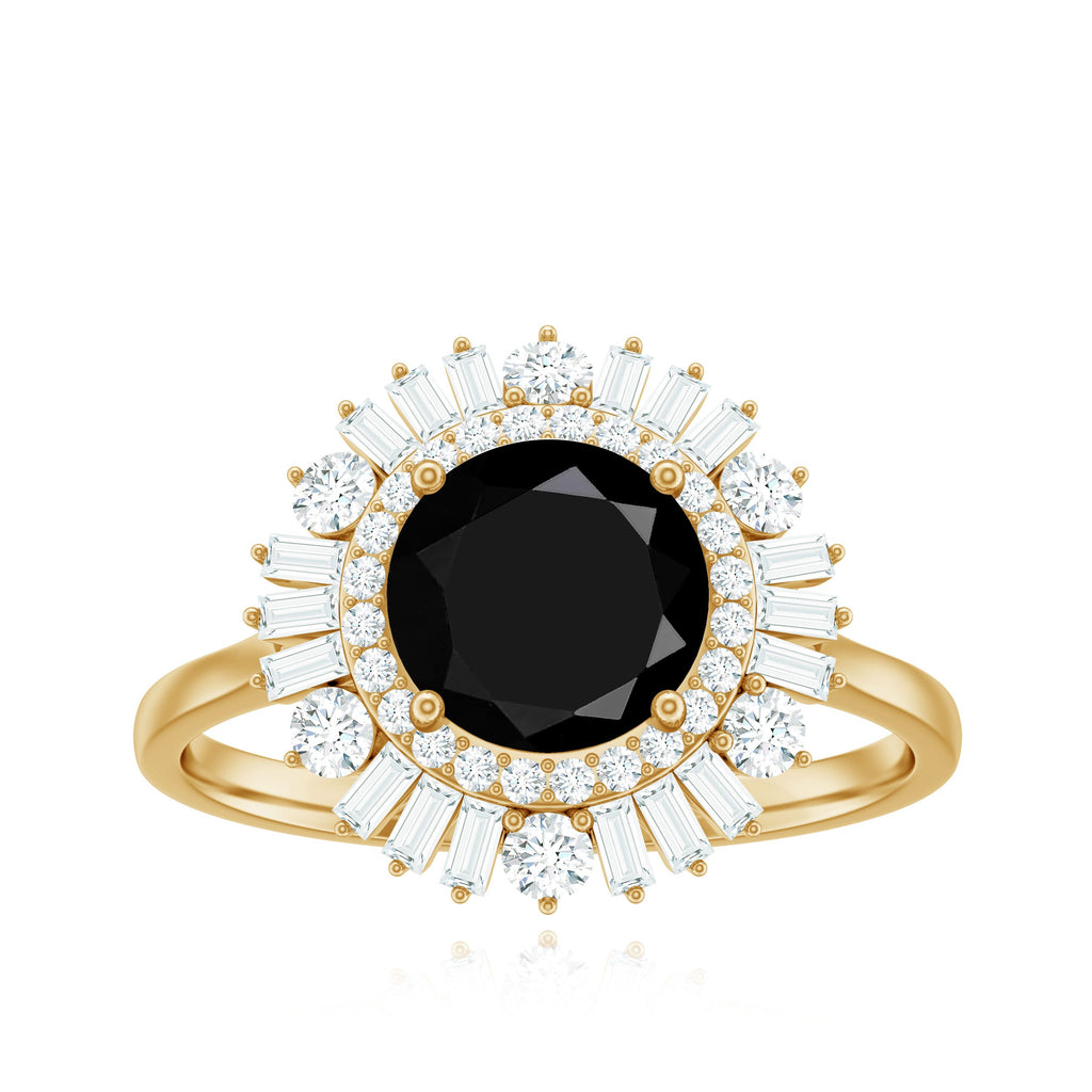 7mm Round Black Onyx Double Halo Cocktail Ring with Moissanite