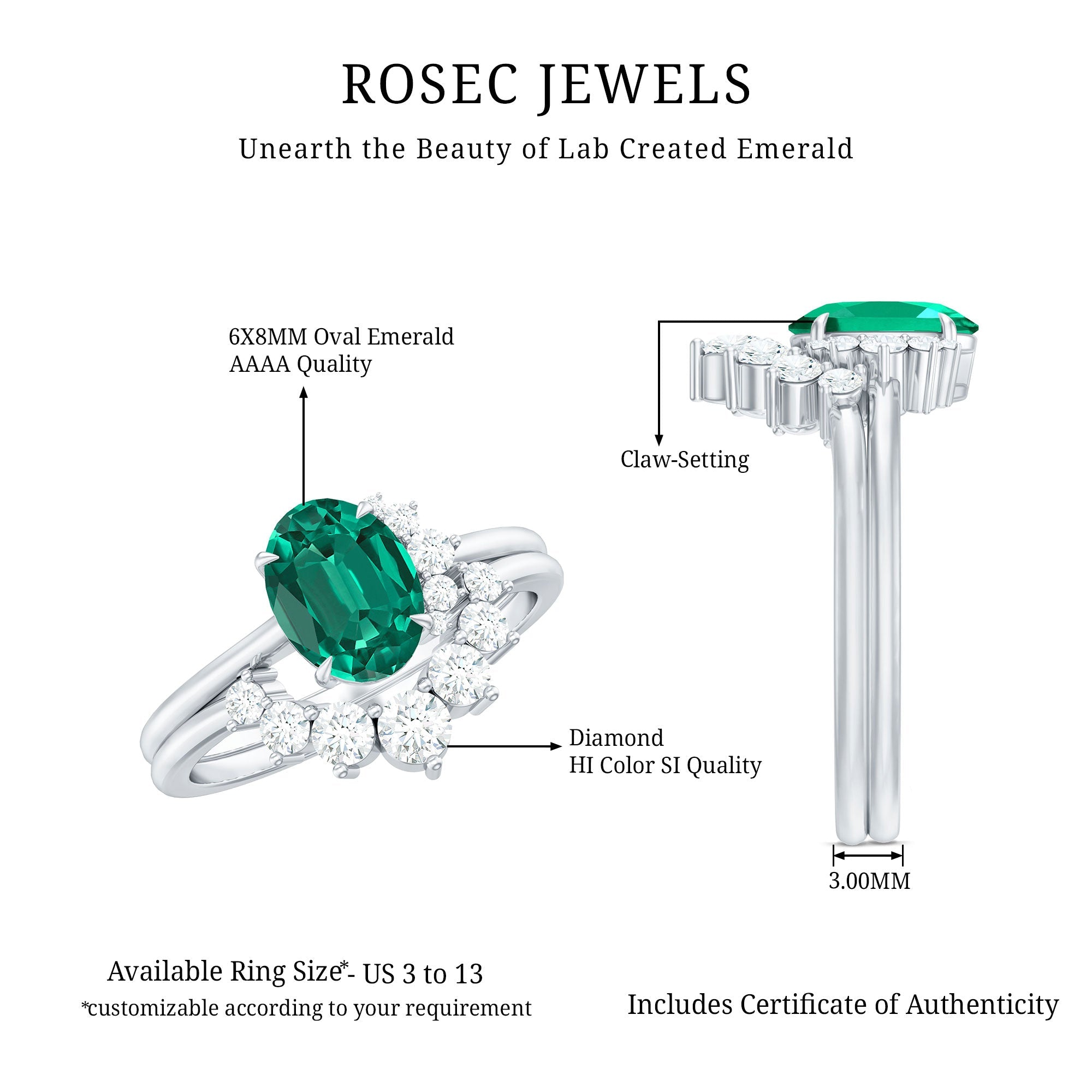 Designer Lab Grown Emerald Oval Engagement Ring with Diamond Enhancer
