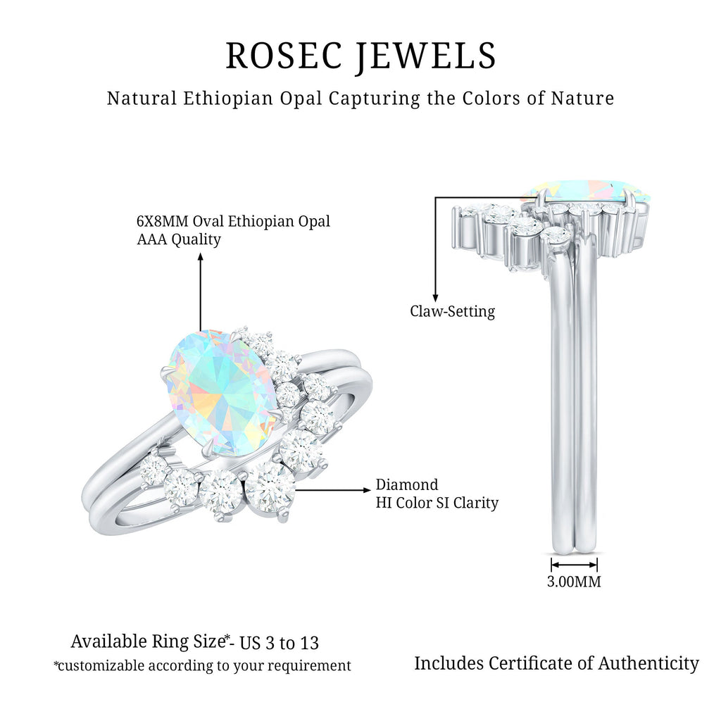 Real Ethiopian Opal Diamond Oval Engagement Ring and Wedding Band Set