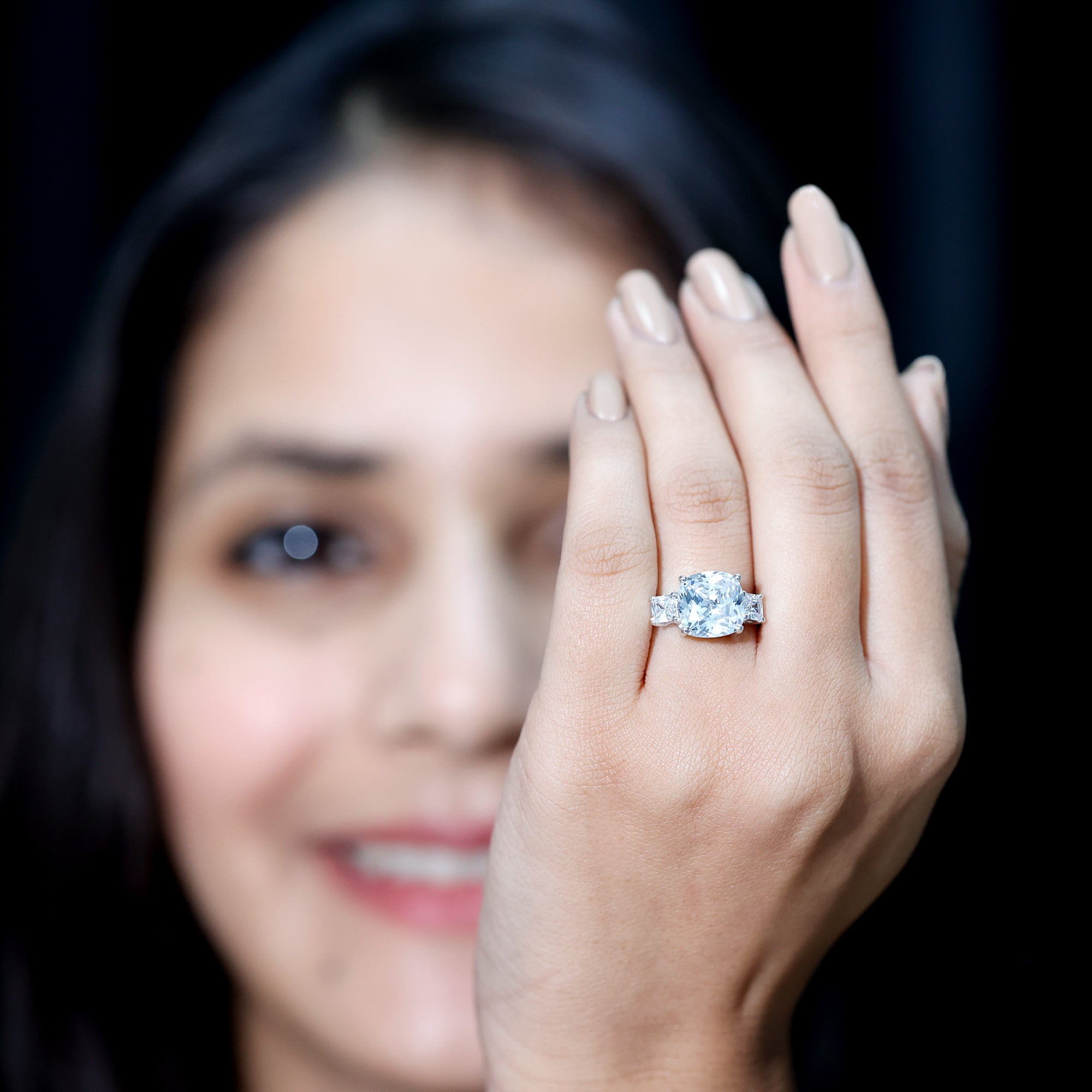 Cushion Cut Zircon Solitaire Engagement Ring with Side Stones