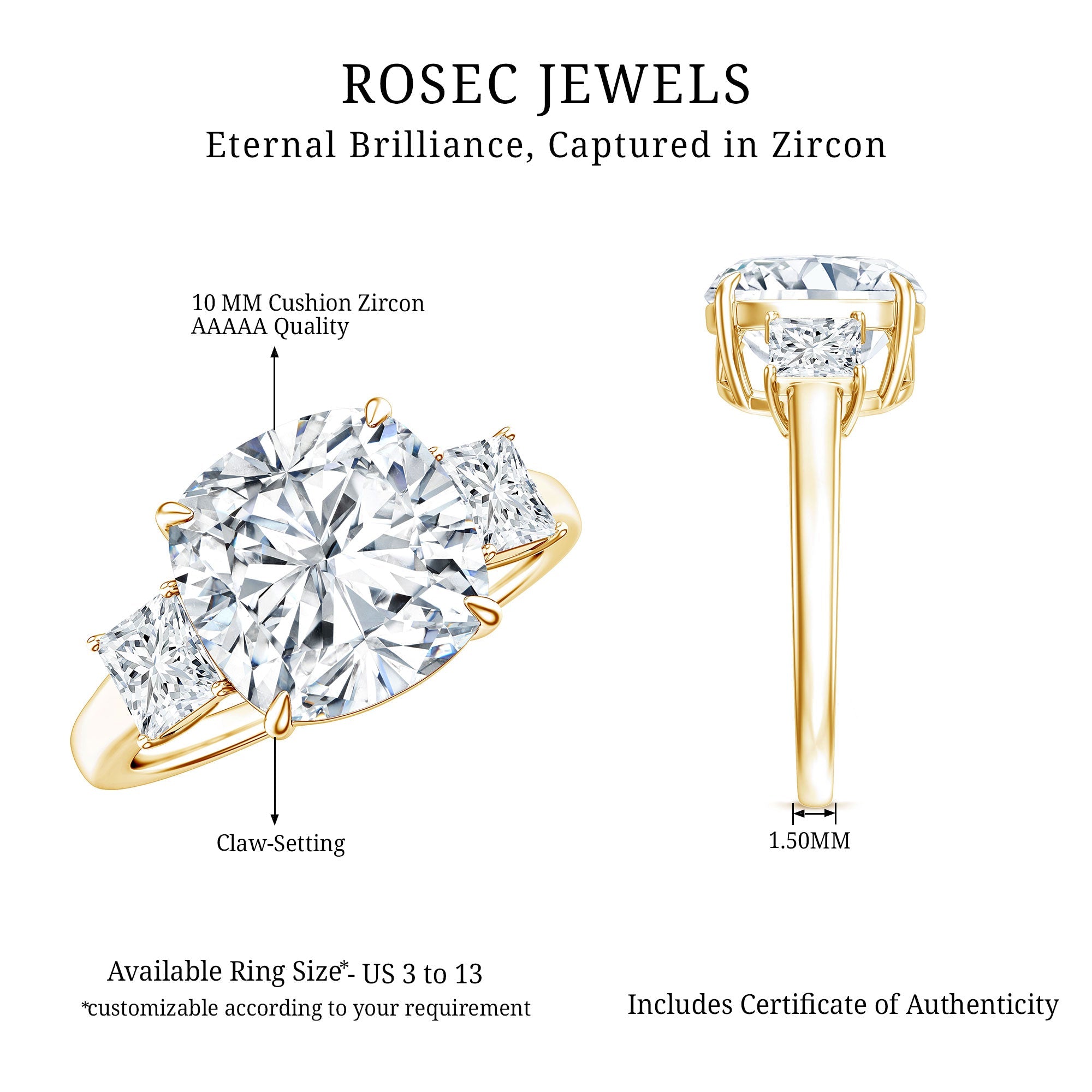 Cushion Cut Zircon Solitaire Engagement Ring with Side Stones