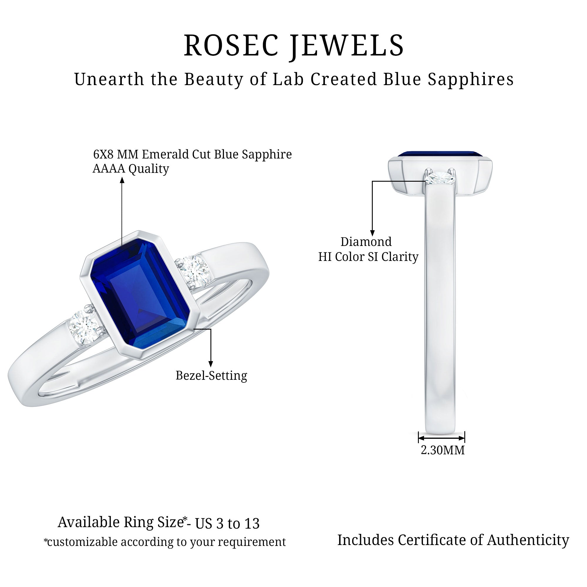 Bezel Set Octagon Cut Created Blue Sapphire Engagement Ring with Diamond