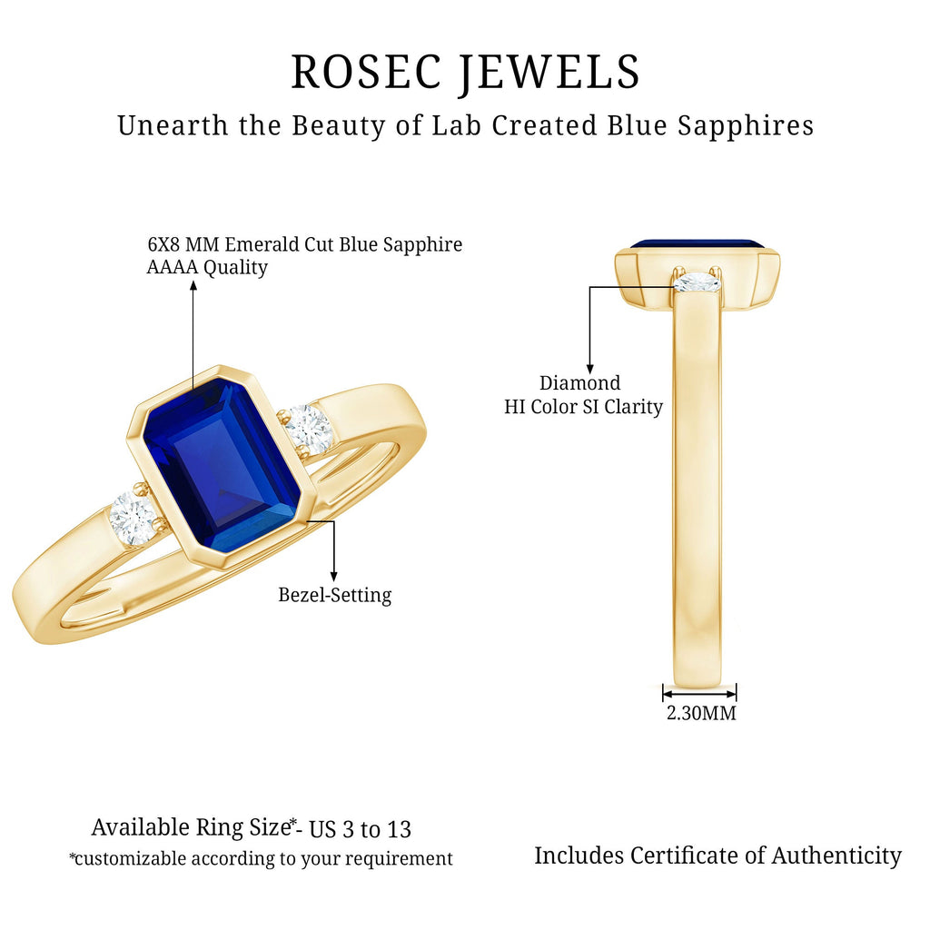 Bezel Set Octagon Cut Created Blue Sapphire Engagement Ring with Diamond