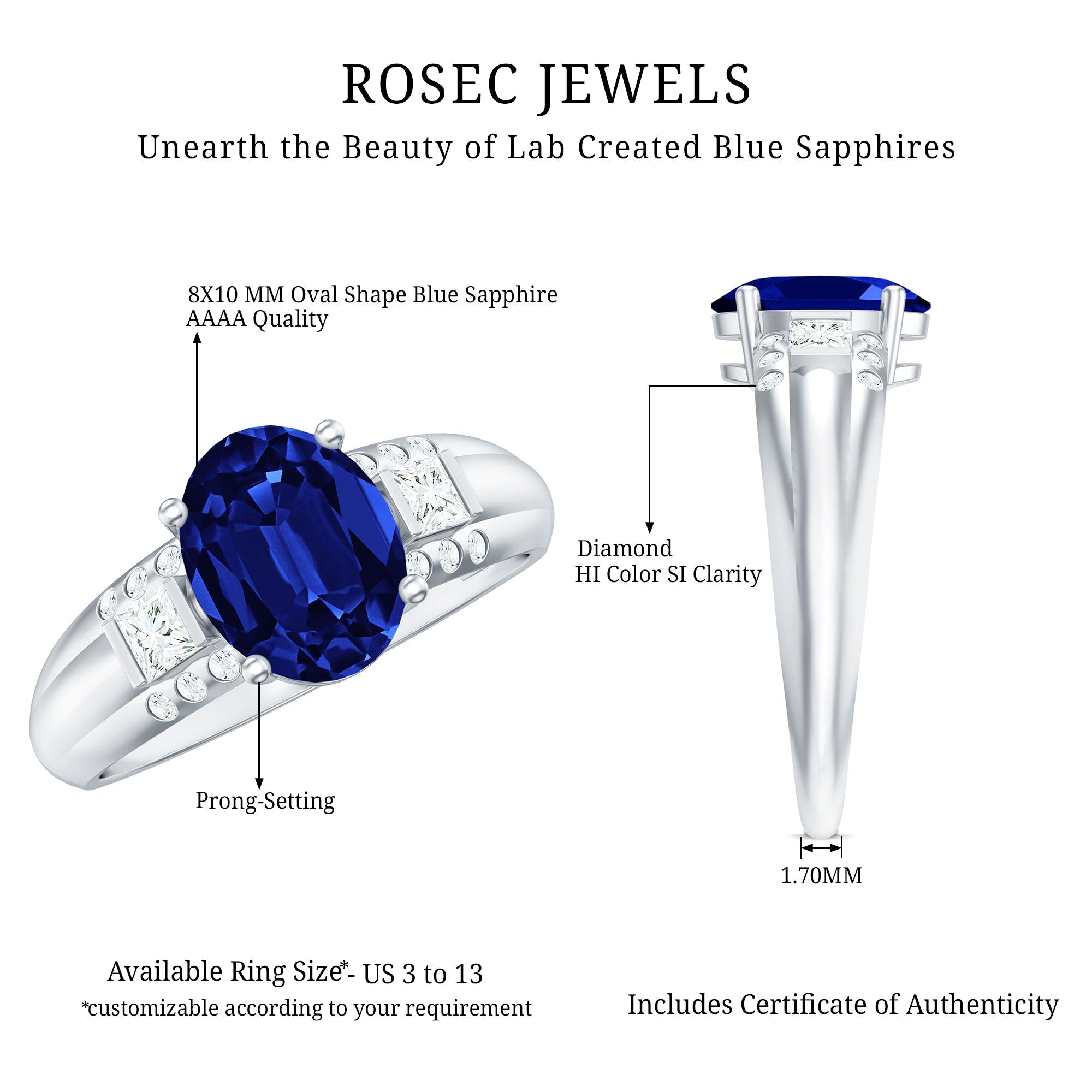 Lab Created Blue Sapphire Solitaire Engagement Ring with Diamond