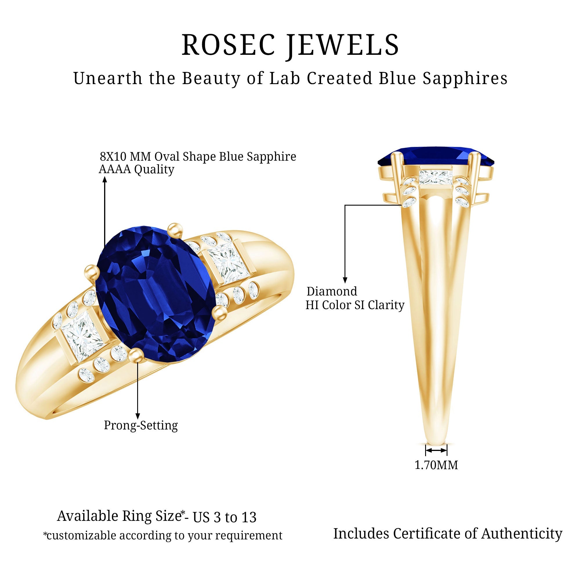 Lab Created Blue Sapphire Solitaire Engagement Ring with Diamond