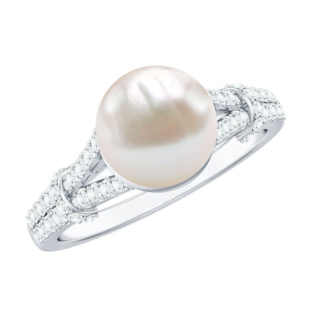 Natural White Freshwater Pearl Solitaire Engagement Ring with Diamond