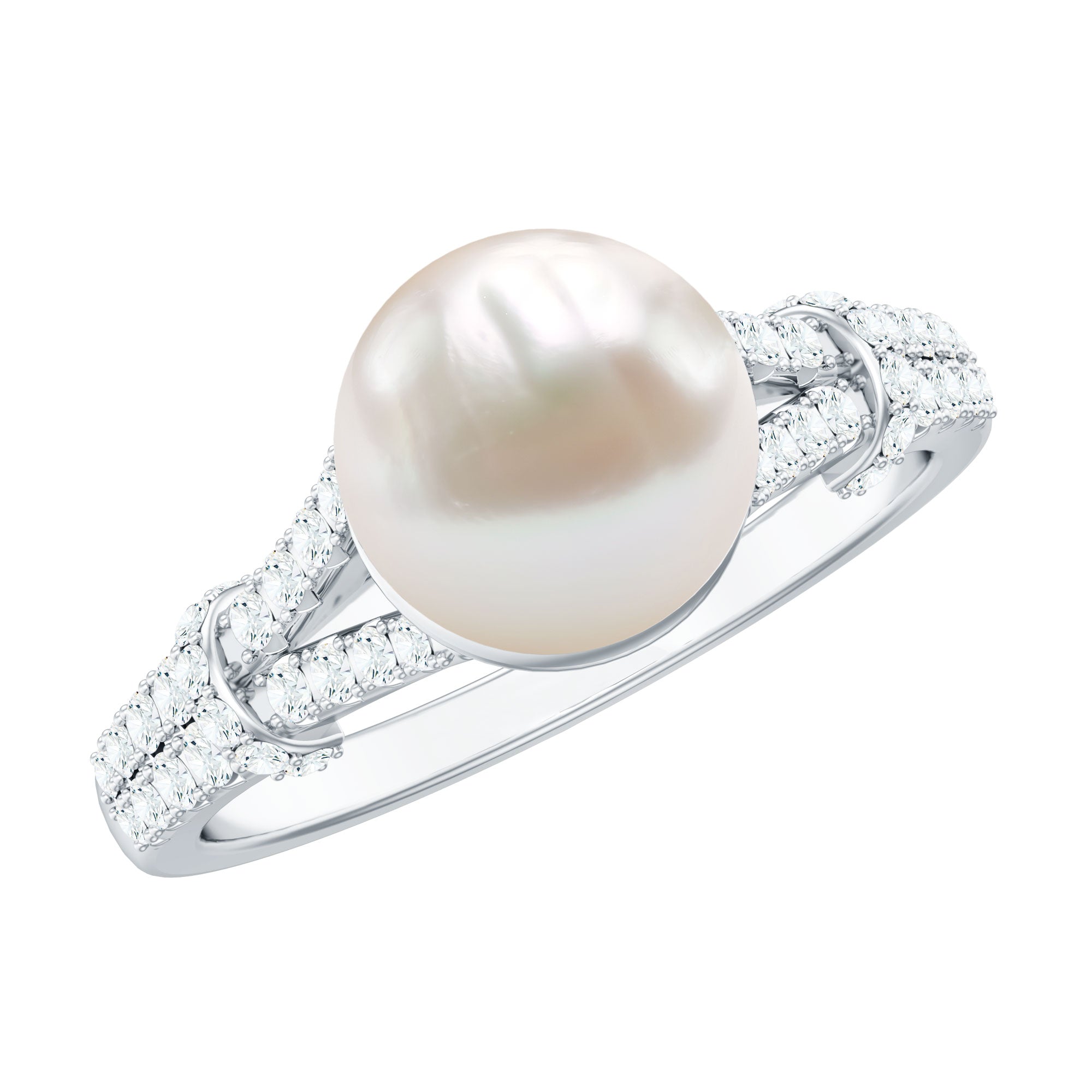 Natural White Freshwater Pearl Solitaire Engagement Ring with Diamond