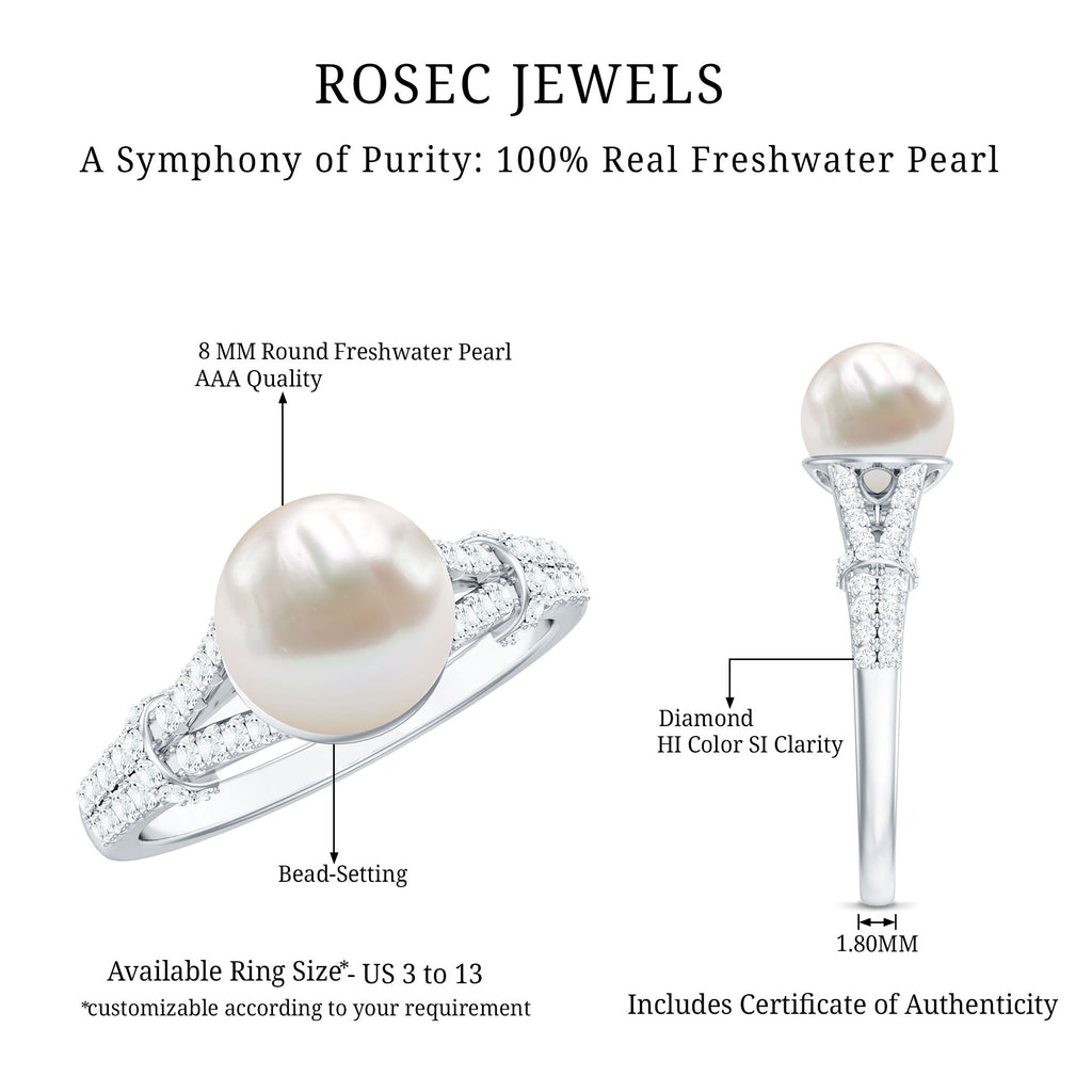 Natural White Freshwater Pearl Solitaire Engagement Ring with Diamond