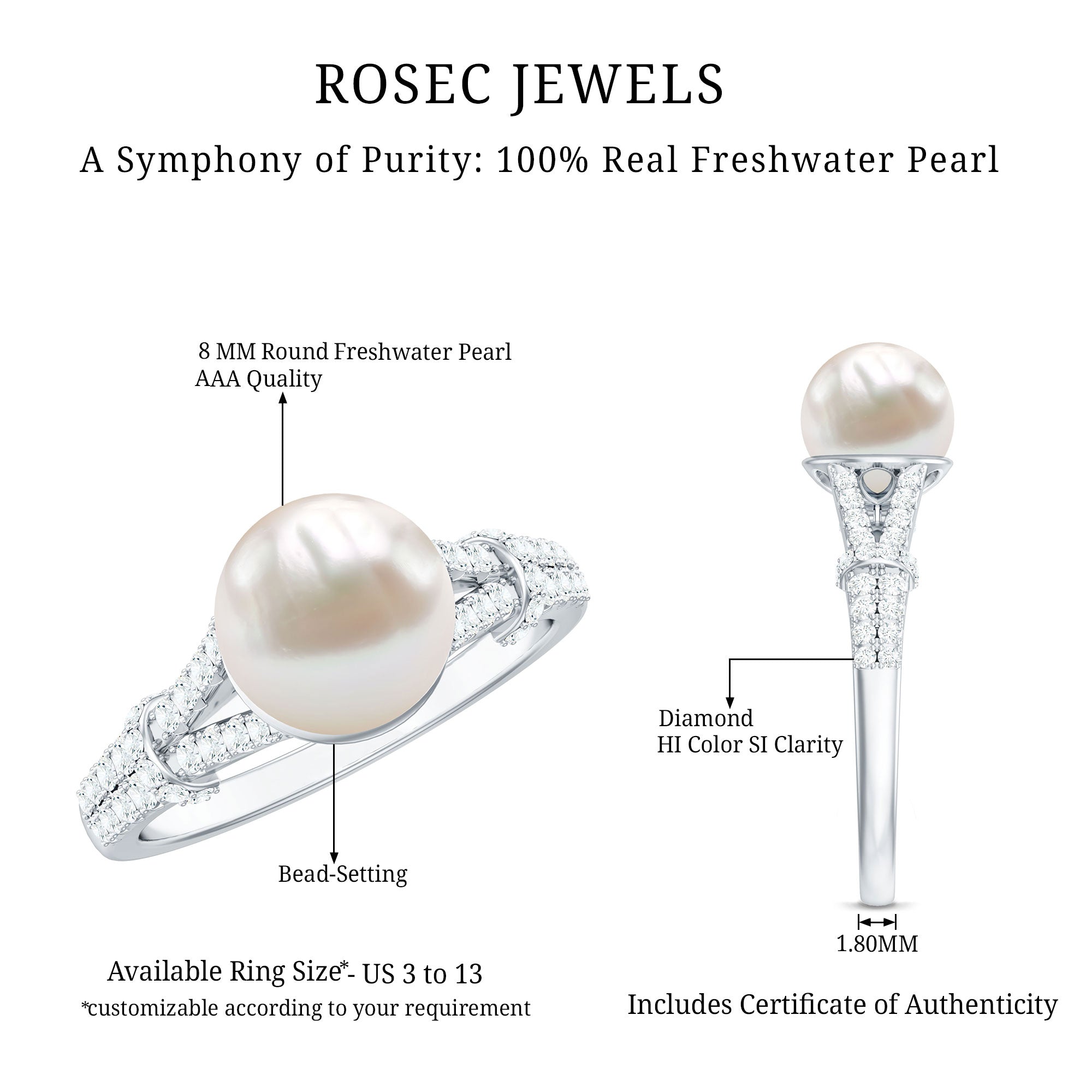 Natural White Freshwater Pearl Solitaire Engagement Ring with Diamond