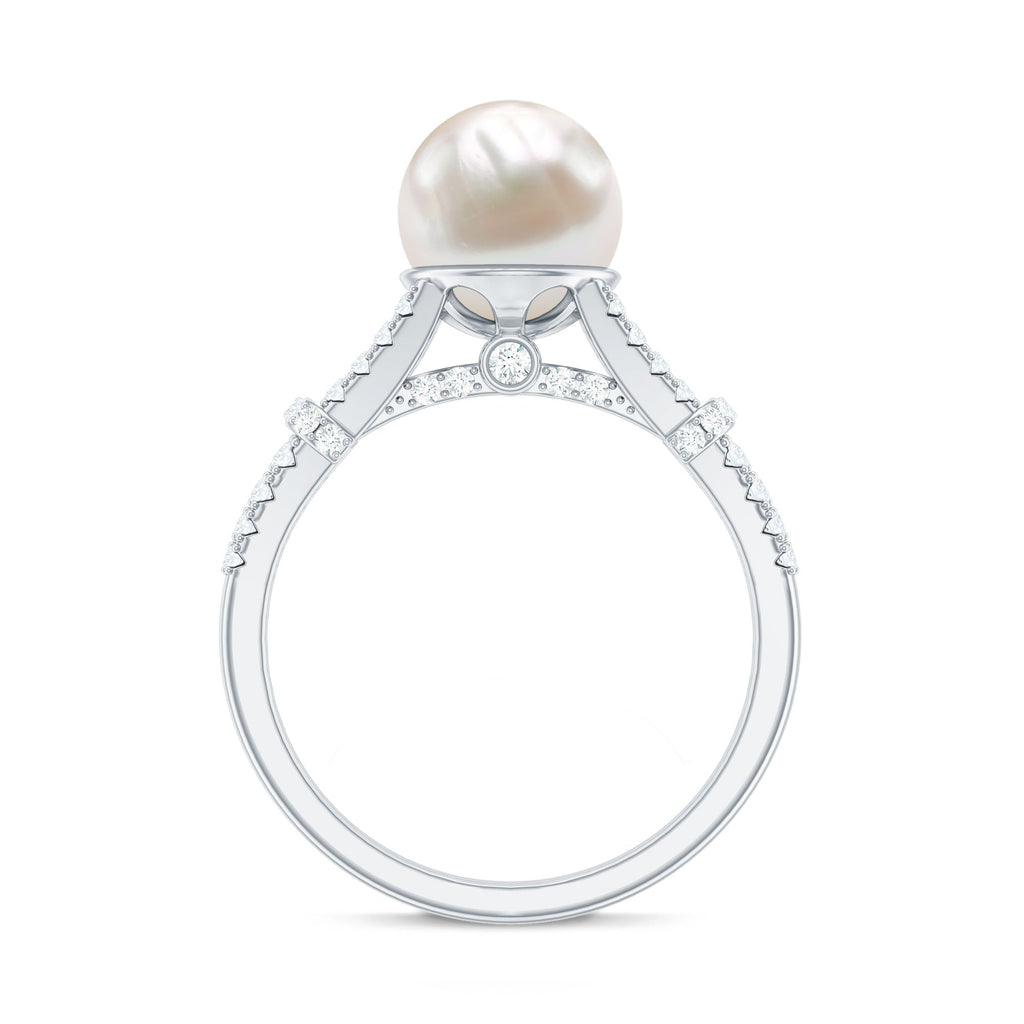 Natural White Freshwater Pearl Solitaire Engagement Ring with Diamond