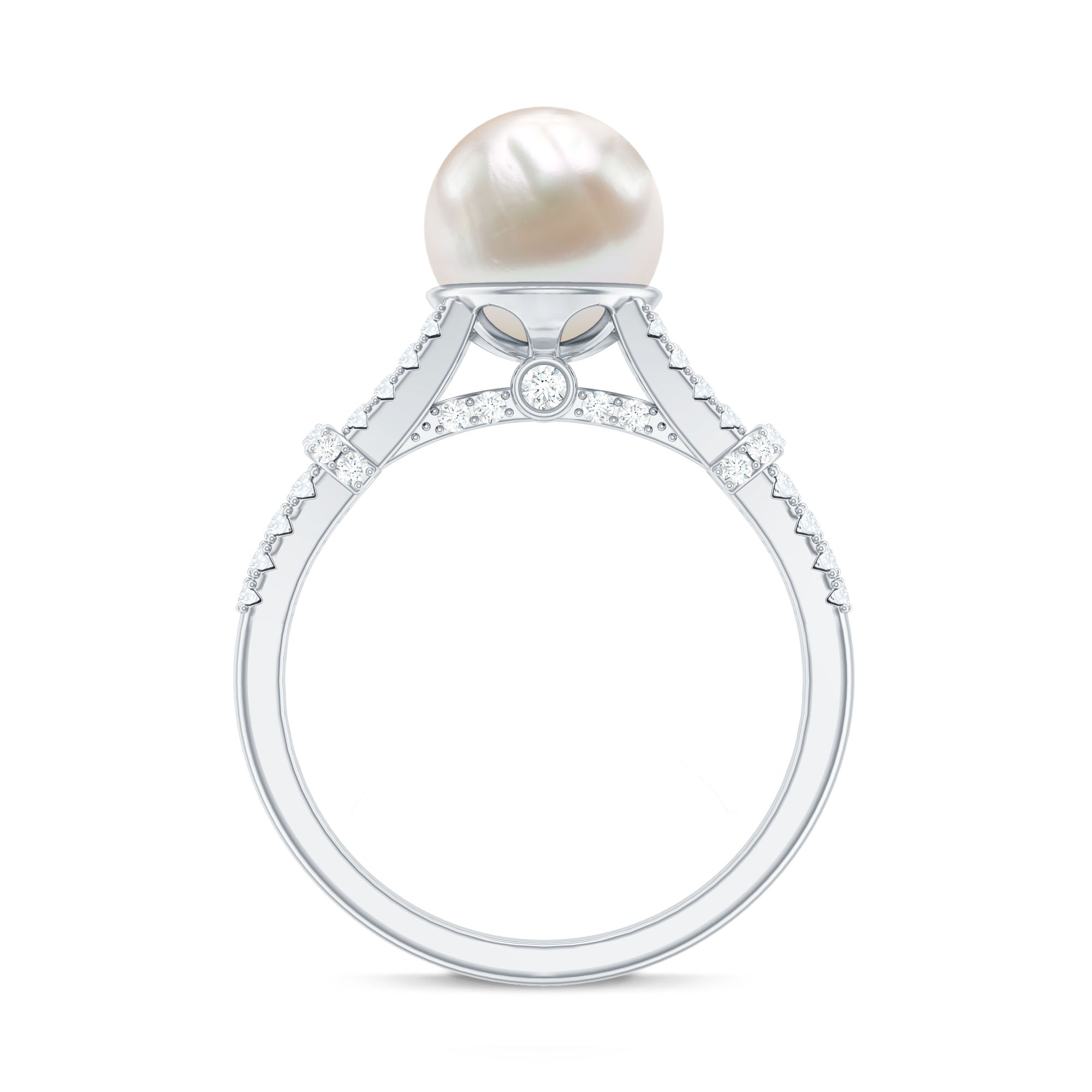 Natural White Freshwater Pearl Solitaire Engagement Ring with Diamond