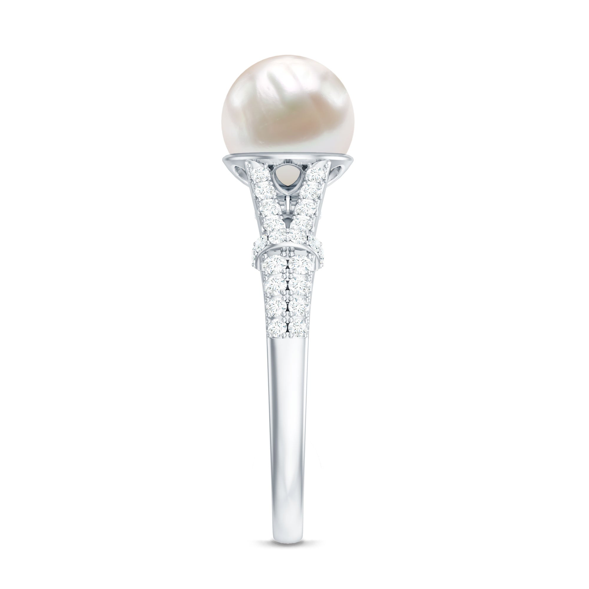 Natural White Freshwater Pearl Solitaire Engagement Ring with Diamond