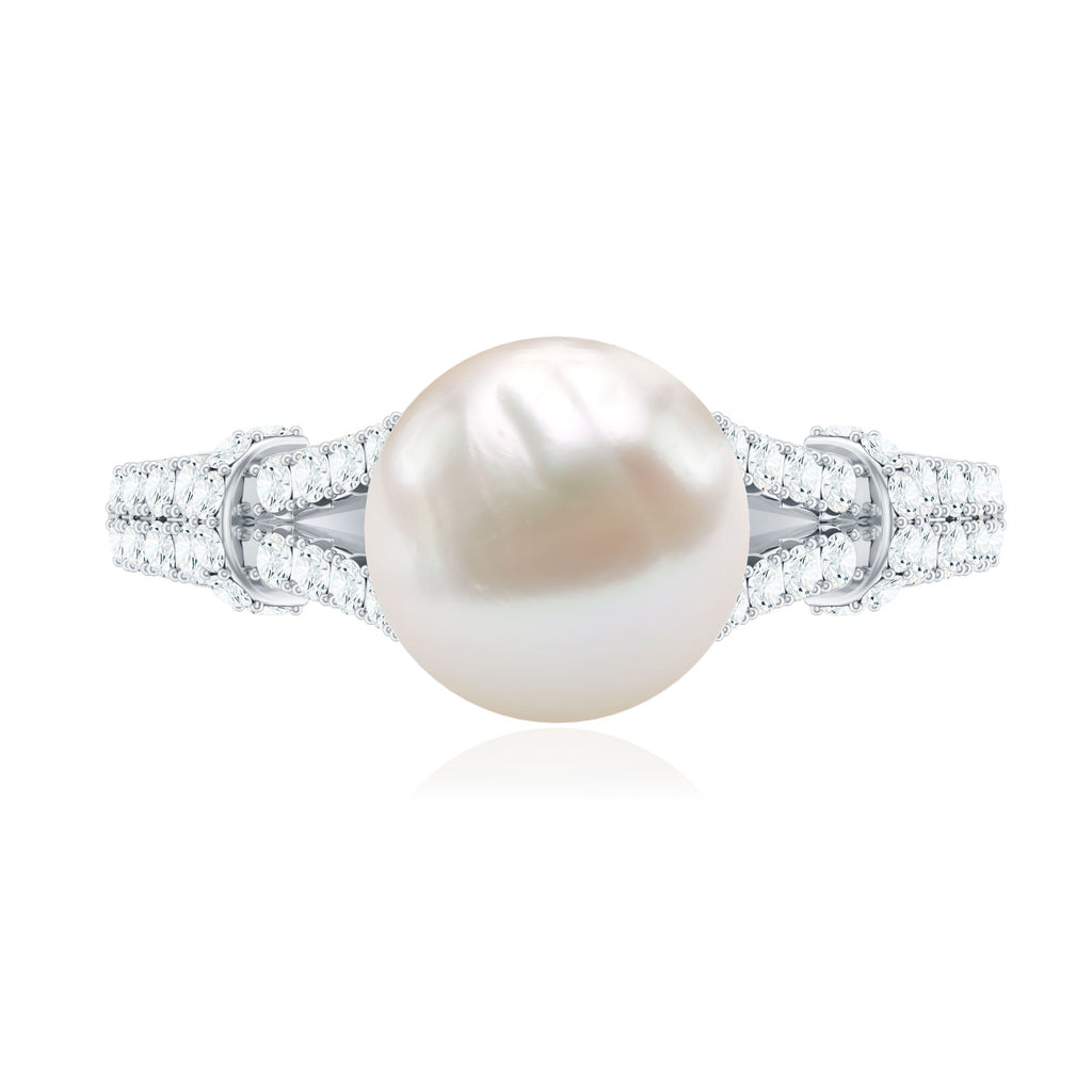 Natural White Freshwater Pearl Solitaire Engagement Ring with Diamond