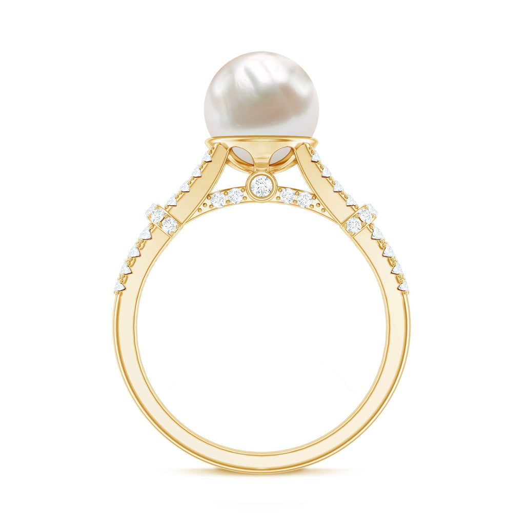 Natural White Freshwater Pearl Solitaire Engagement Ring with Diamond