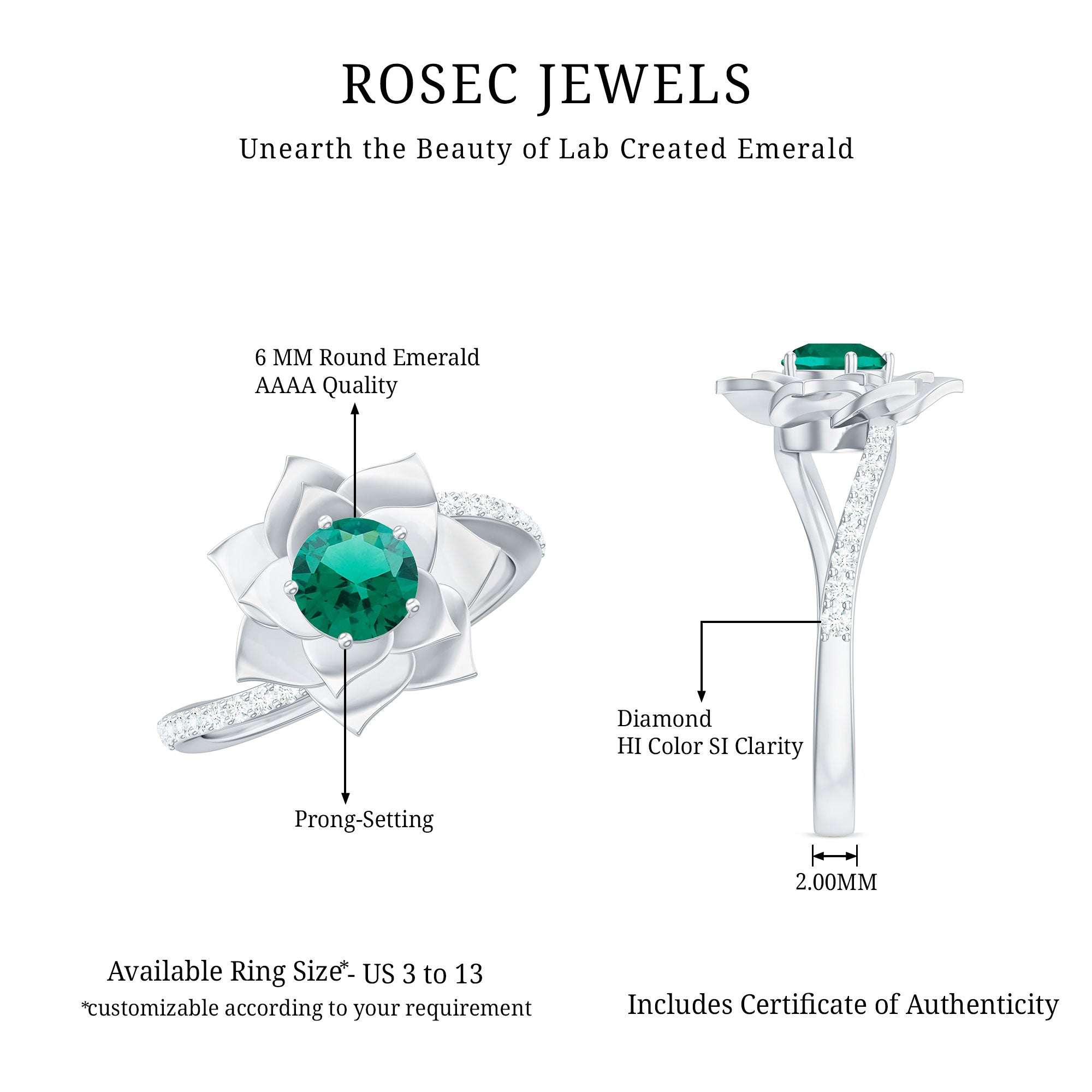 Certified Lab Grown Emerald Diamond Flower Engagement Ring with Bypass Shank