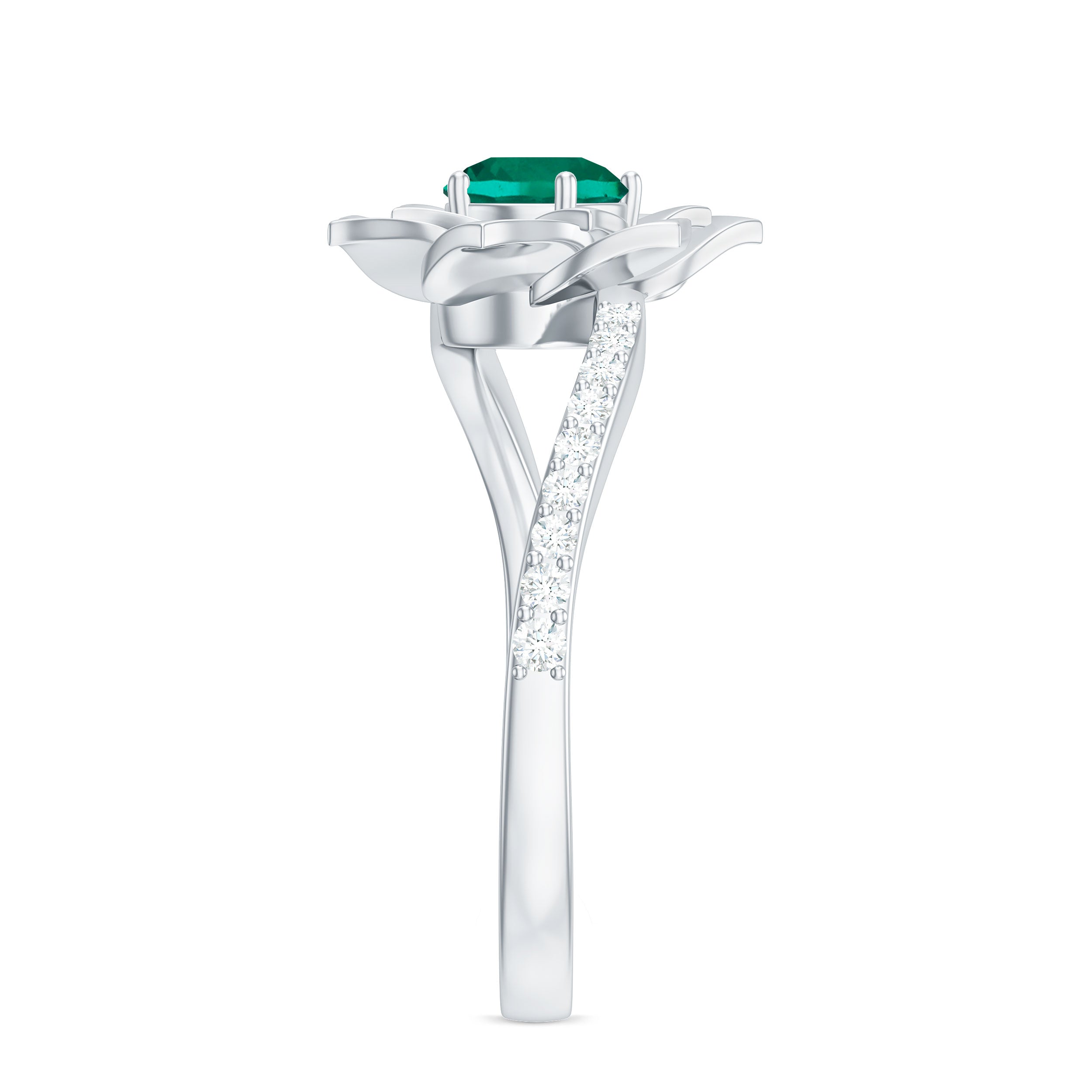 Certified Lab Grown Emerald Diamond Flower Engagement Ring with Bypass Shank