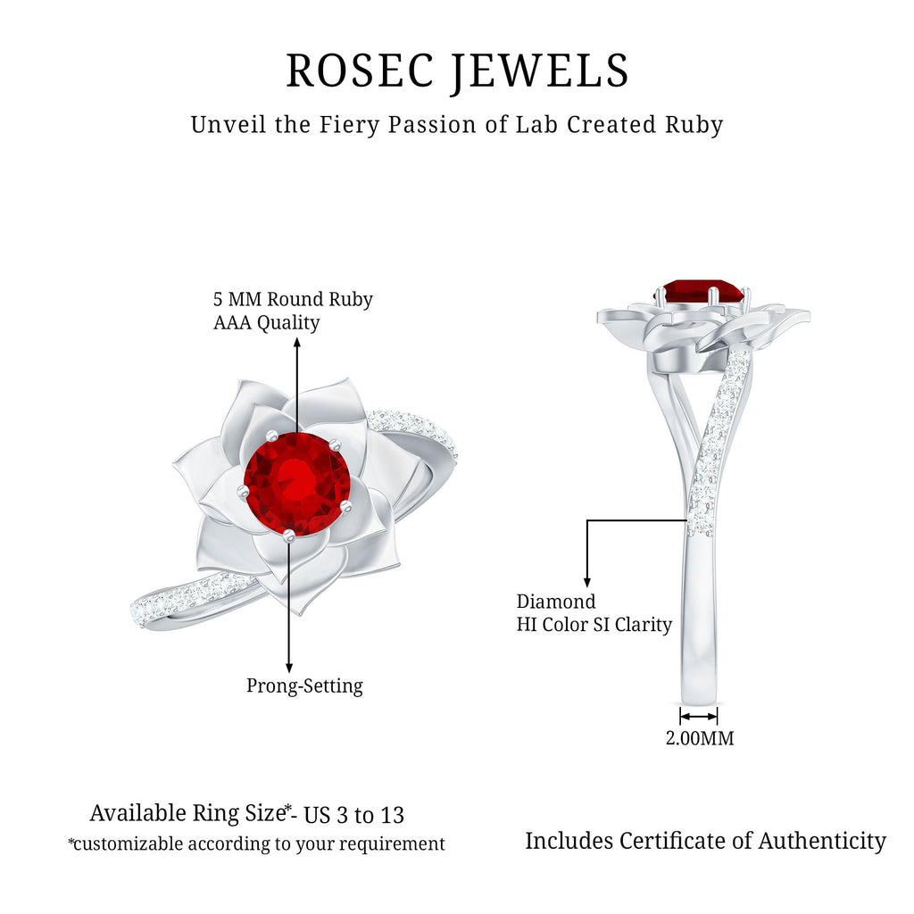 Lab Created Ruby Rose Flower Engagement Ring With Certificate