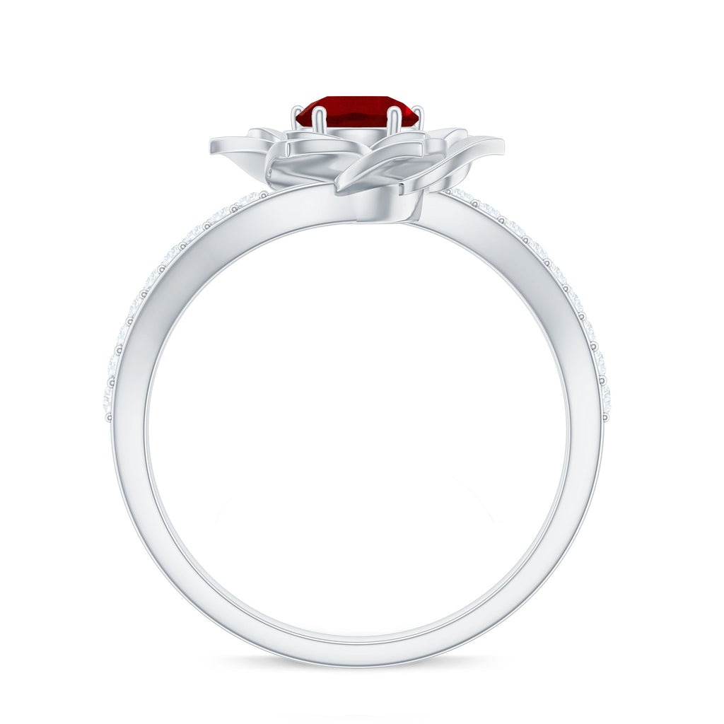 Lab Created Ruby Rose Flower Engagement Ring With Certificate