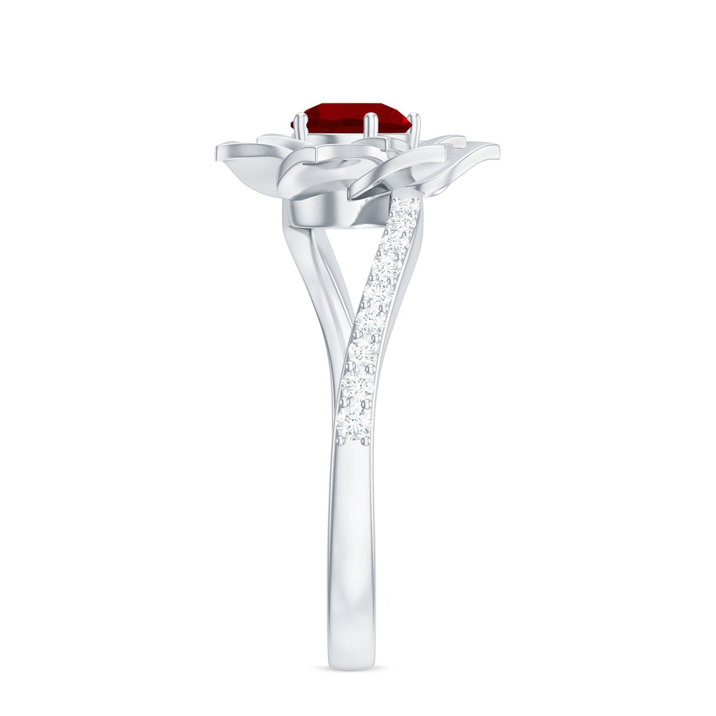 Lab Created Ruby Rose Flower Engagement Ring With Certificate