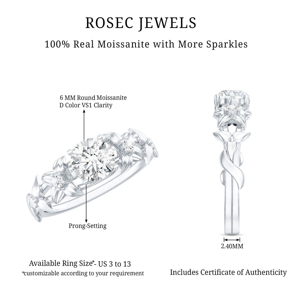 Round Cut 6 MM Moissanite Floral Engagement Ring